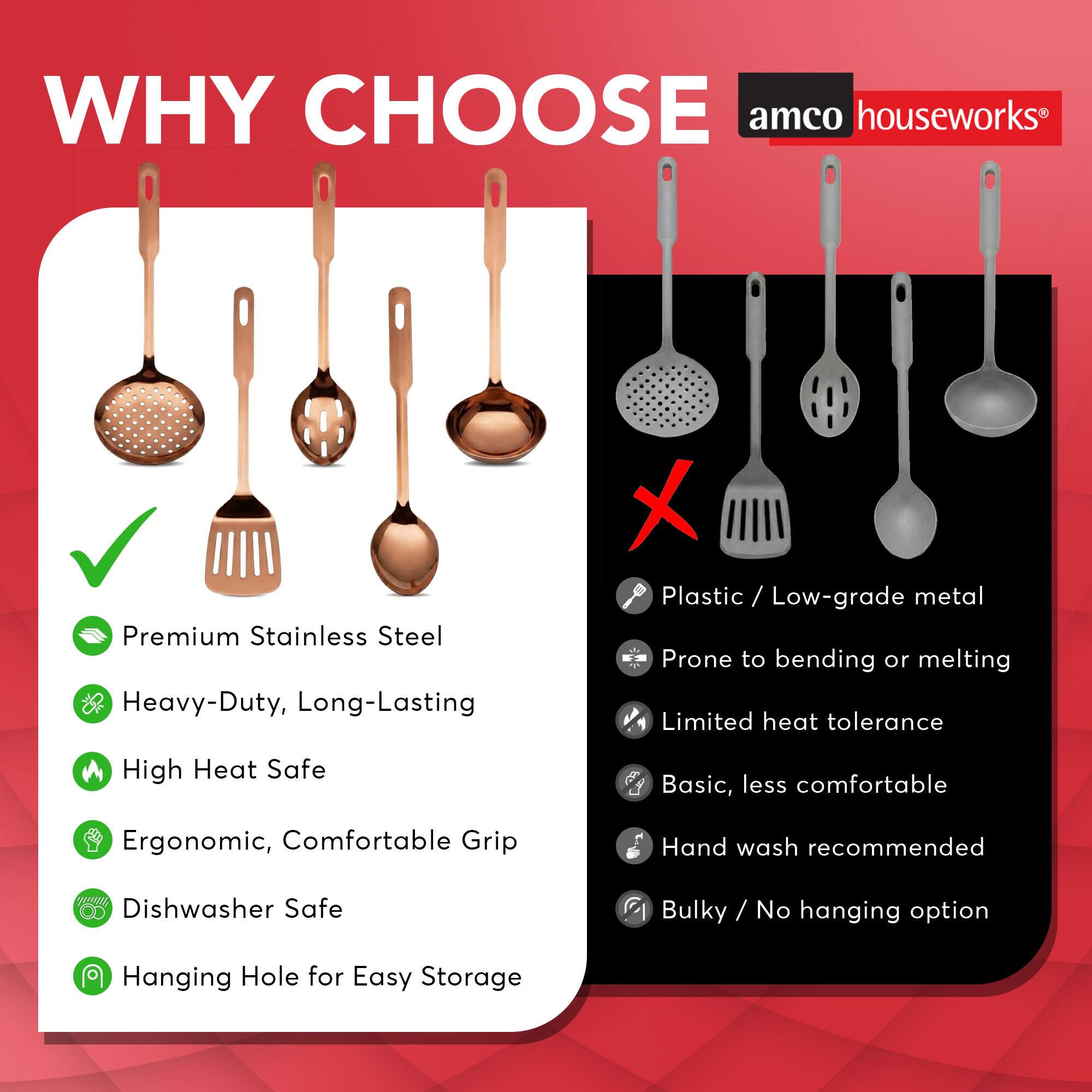 WHY CHOOSE amco houseworks

Premium Stainless Steel
Heavy-Duty, Long-Lasting
High Heat Safe
Ergonomic, Comfortable Grip
Dishwasher Safe
Hanging Hole for Easy Storage

Plastic / Low-grade metal
Prone to bending or melting
Limited heat tolerance
Basic, less comfortable
Hand wash recommended
Bulk / No hanging option
