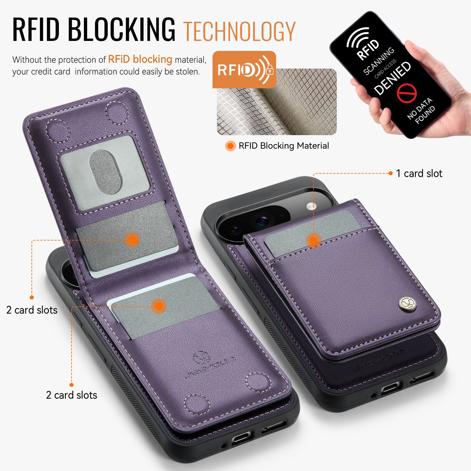 RFID BLOCKING TECHNOLOGY

Without the protection of RFID blocking material, your credit card information could easily be stolen.

RFID Blocking Material

1 card slot

2 card slots

2 card slots