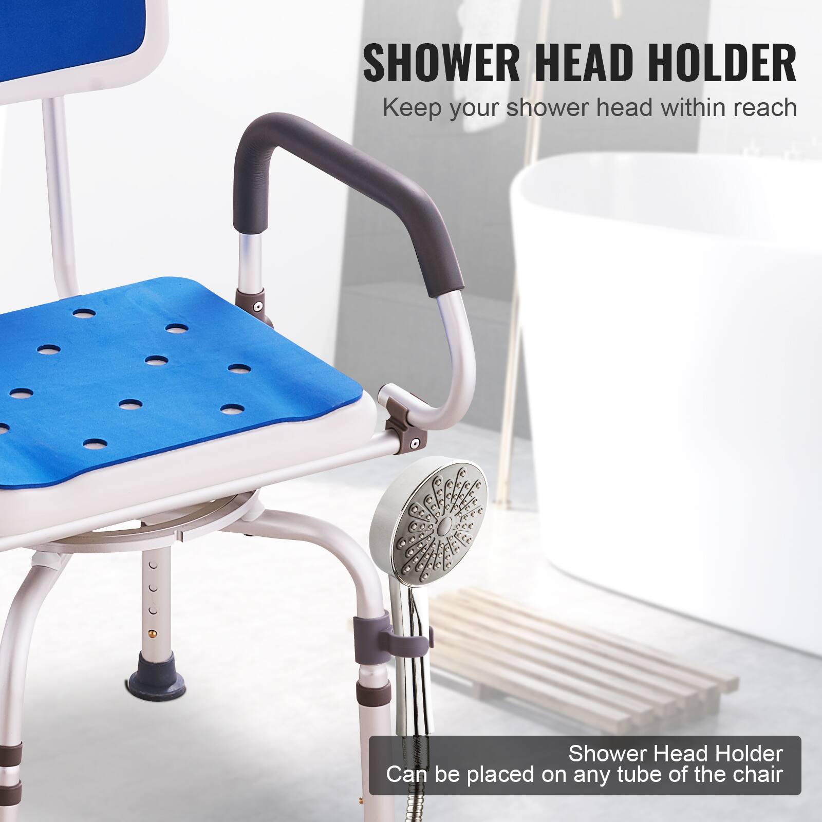 SHOWER HEAD HOLDER
Keep your shower head within reach
Shower Head Holder Can be placed on any tube of the chair