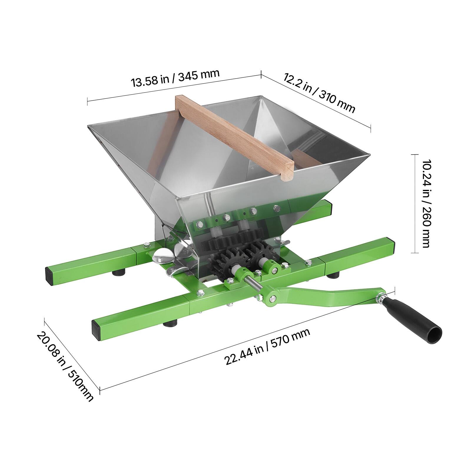 - 13.58 in / 345 mm
- 12.2 in / 310 mm
- 10.24 in / 260 mm
- 20.08 in / 510 mm
- 22.44 in / 570 mm