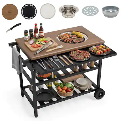 Front. Costway - Costway Outdoor Dining Cart with Korean BBQ Grill Folding Side Panel 2 Shelves for Camping - Natural + Silver + Black.