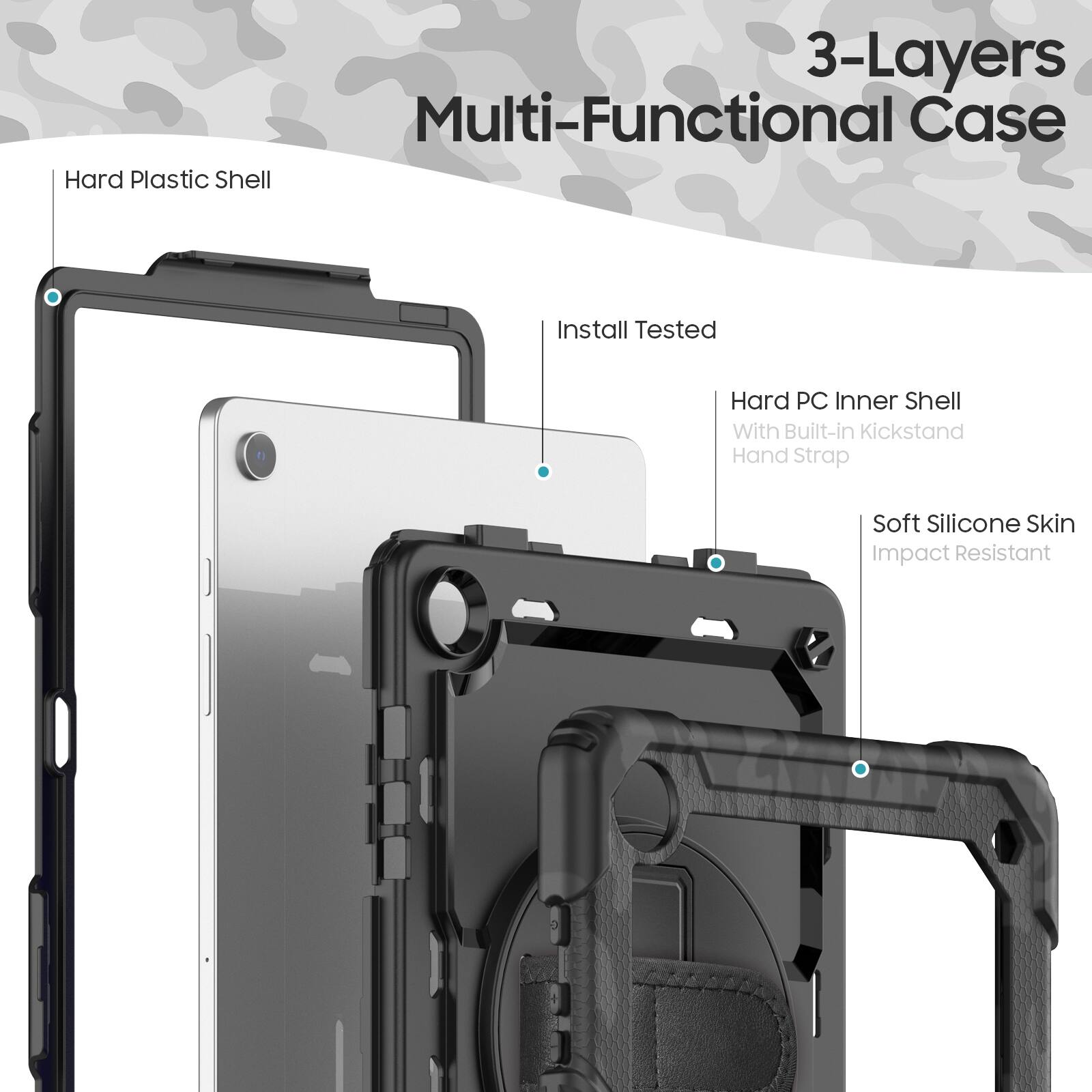 3-Layers Multi-Functional Case

- Hard Plastic Shell
- Install Tested
- Hard PC Inner Shell with Built-in Kickstand Hand Strap
- Soft Silicone Skin
- Impact Resistant