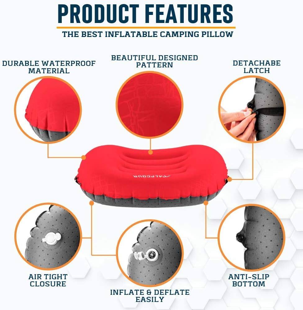 PRODUCT FEATURES: THE BEST INFLATABLE CAMPING PILLOW

- BEAUTIFUL DESIGNED PATTERN
- DURABLE WATERPROOF MATERIAL
- DETACHABLE LATCH
- AIR TIGHT CLOSURE
- INFLATE & DEFLATE EASILY
- ANTI-SLIP BOTTOM