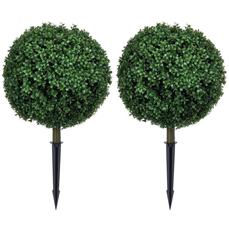 Front. PULUZ - Artificial Boxwood Trees w/ Ground Stake, Set of 2 Ball Shaped Topiary Trees for Home Office & Living Room, UV Resistant - Green.