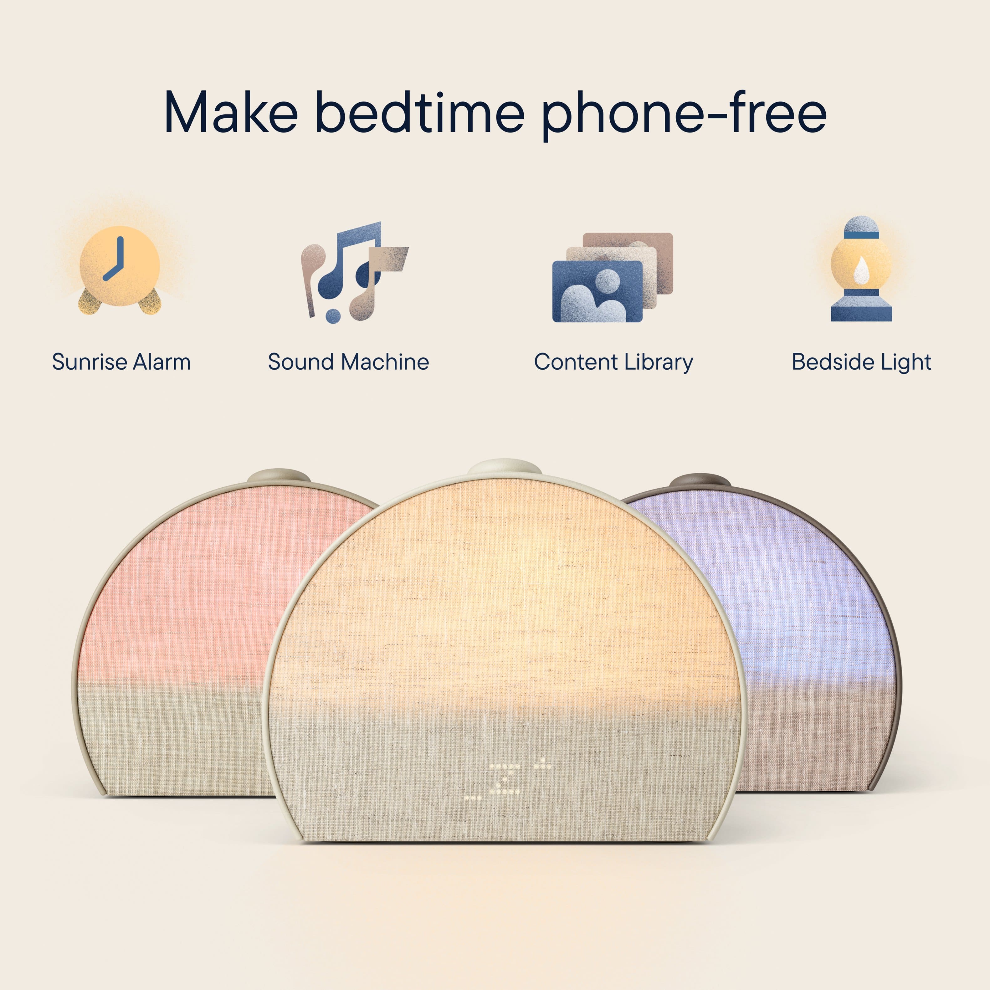 Make bedtime phone-free Sunrise Alarm Sound Machine Content Library Bedside Light