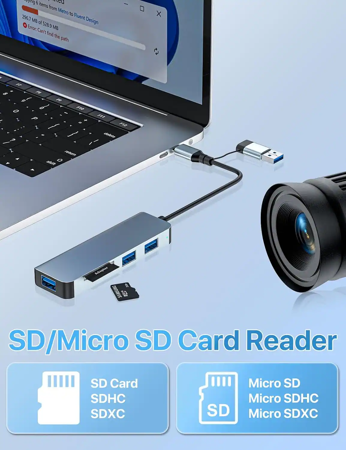g 6 ed items from Metro to 296.7 MB Fluent Design of 528.9 Error. MB Can't find the path
X
+ R * 8 9 0 < X ?
F8 F9 F10 I P + = return shift
F11 F12 delete
Adapter SAMSUNG mero
SD/Micro SD Card Reader
SD Card SDHC SDXC
SD
Micro SD Micro SDHC Micro SDXC