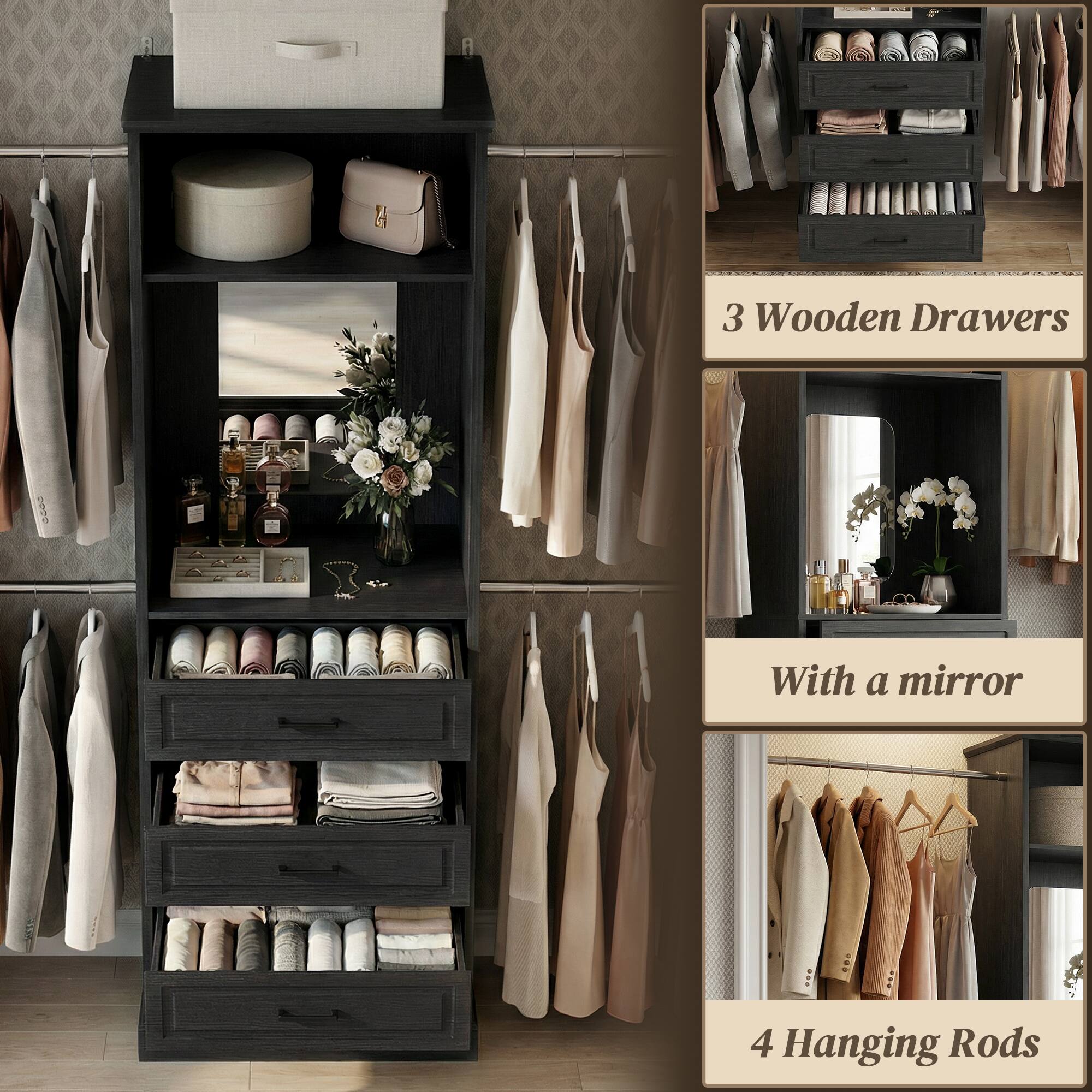 3 Wooden Drawers  
With a mirror  
4 Hanging Rods