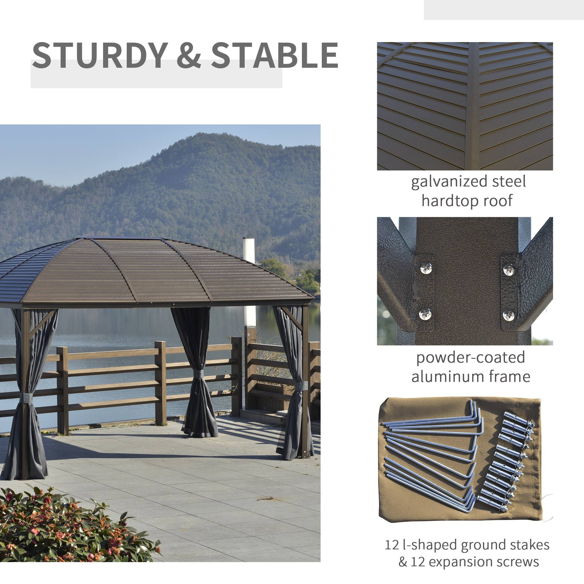 STURDY & STABLE

- galvanized steel hardtop roof
- powder-coated aluminum frame
- 12 I-shaped ground stakes & 12 expansion screws