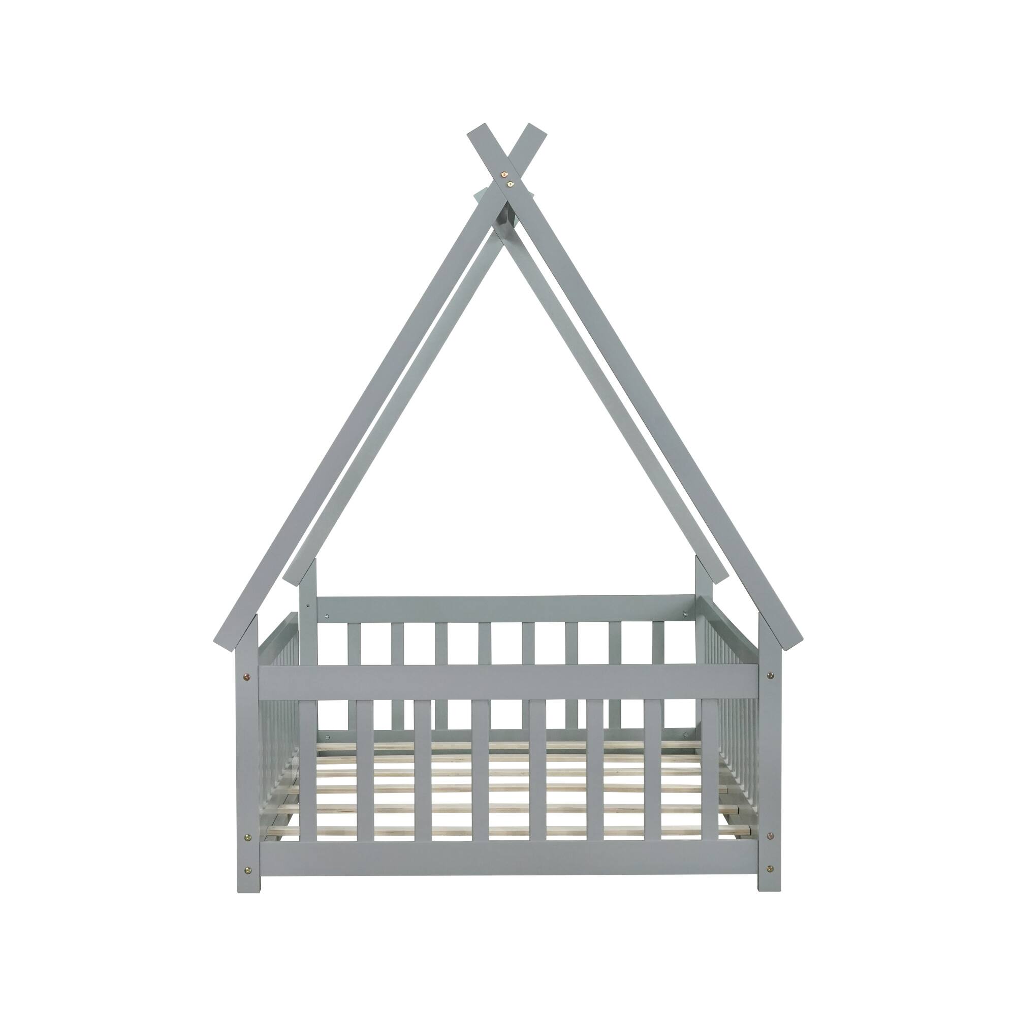 Alt View 10. GOODSILO - Twin-Size Tent-Shaped Low Profile Floor Bed with Safety Guardrails and Slatted Base - Grey.