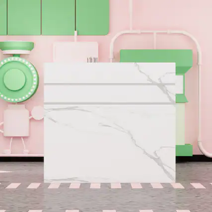 Front. Famapy - Marble Pattern Desk with Drawer and Cabinet, Computer Desk, Office Reception Table, Study Writing Table with Storage - Marble White.