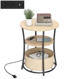 Homcom - Side Table with Charging Station, 3-Tier End Table with Fabric Storage Bag and Shelf - Natural Wood