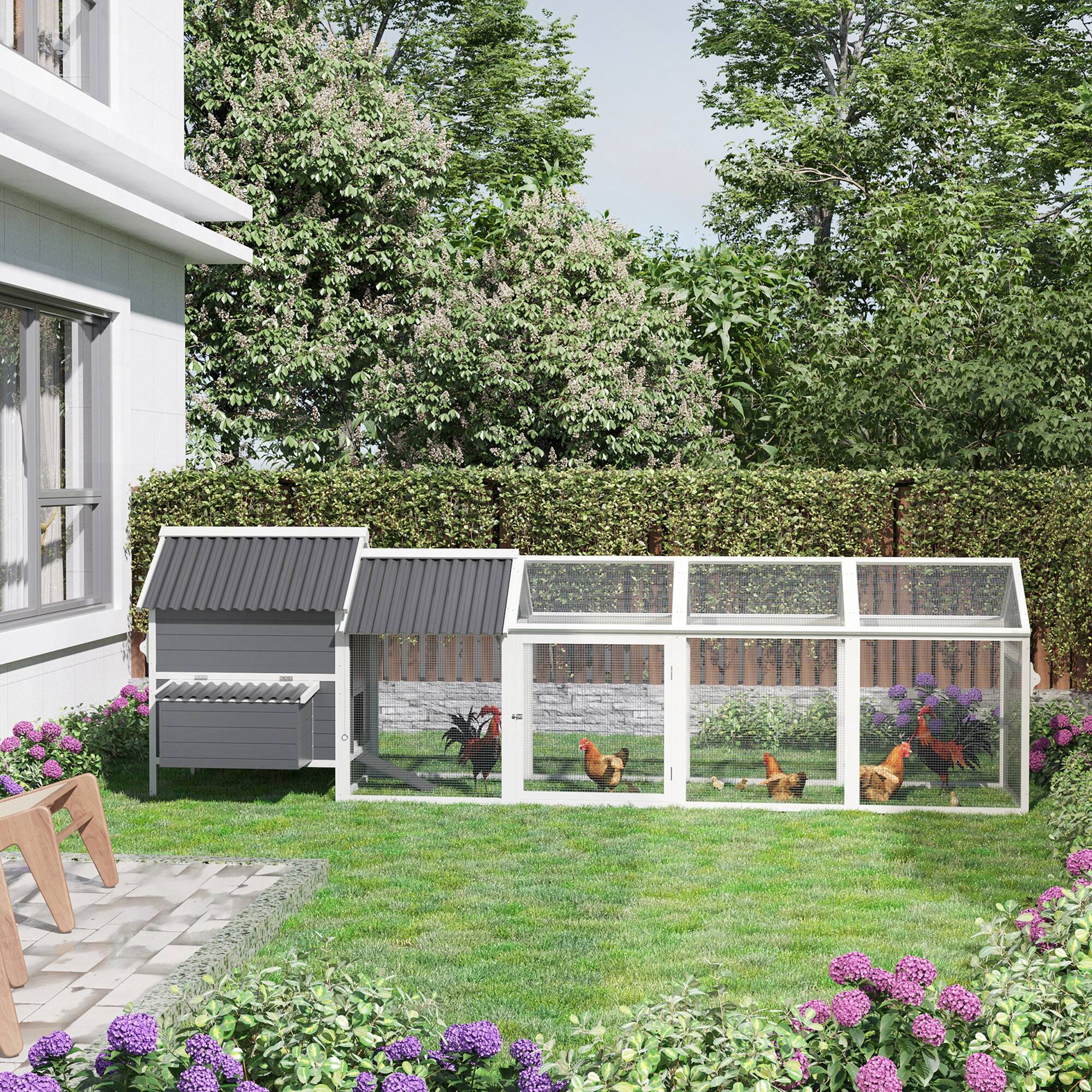 Angle. Pawhut - 162" Large Chicken Coop Wooden with Handles, Outdoor, 2 Nesting Boxes, Water-resistant Roof, Removable Tray, Ramp.