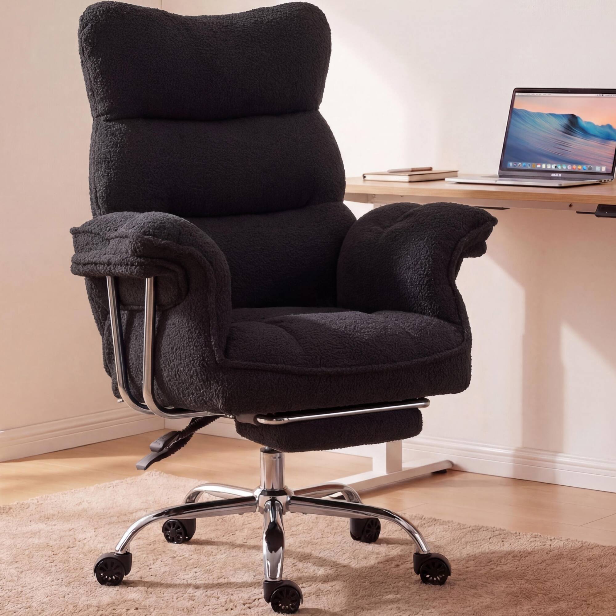 Angle. Dowinx - Big & Tall Ergonomic Chair, Wide/Thick Cushion, Reclining High-Back w/Footrest, Teddy Fleece - Black.