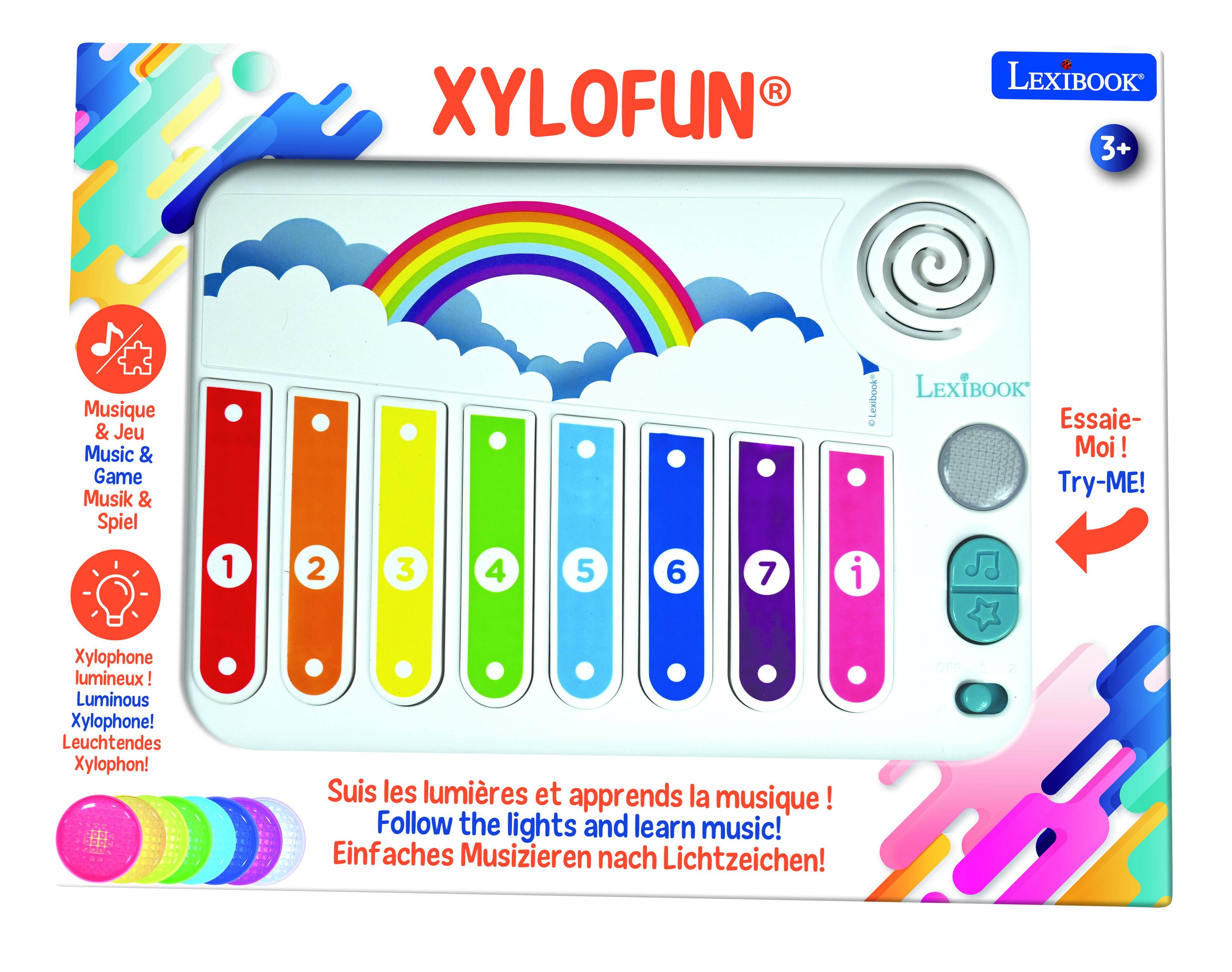 **XYLOFUN**  
LEXIBOOK 3+  

**Musique & Jeu**  
**Music & Game**  
**Musik & Spiel**  

**Lexibook**  
**LEXIBOOK**  

**Essaie-Moi!**  
**Try-ME!**  
**Leuchtendes Xylophon!**  
**Luminous Xylophone!**  
**Xylophone lumineux!**  

**Suis les lumières et apprends la musique!**  
**Follow the lights and learn music!**  
**Einfaches Musizieren nach Lichtzeichen!**  

**Xylophone lumineux!**  
**Luminous Xylophone!**  
**Leuchtendes Xylophon!**  

**1 2 3 4 5 6 7**