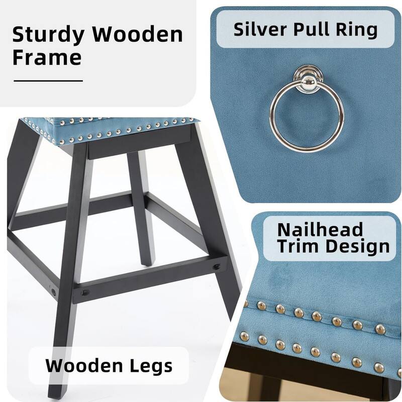 Sturdy Wooden Frame  
Silver Pull Ring  
Nailhead Trim Design  
Wooden Legs