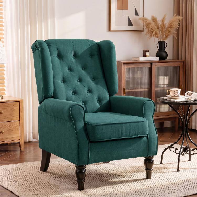Alt View 1. PULUZ - Wingback Accent Chair for Living Room, Button-Tufted Lounge Chair with Round Armrests and Wood Legs - Dark Green.
