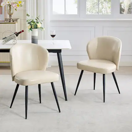 Front. Acekool - Dining Chairs Set of 2, PU Leather Upholstered Accent Chairs with Curved Backrest & Steel Legs - Beige.
