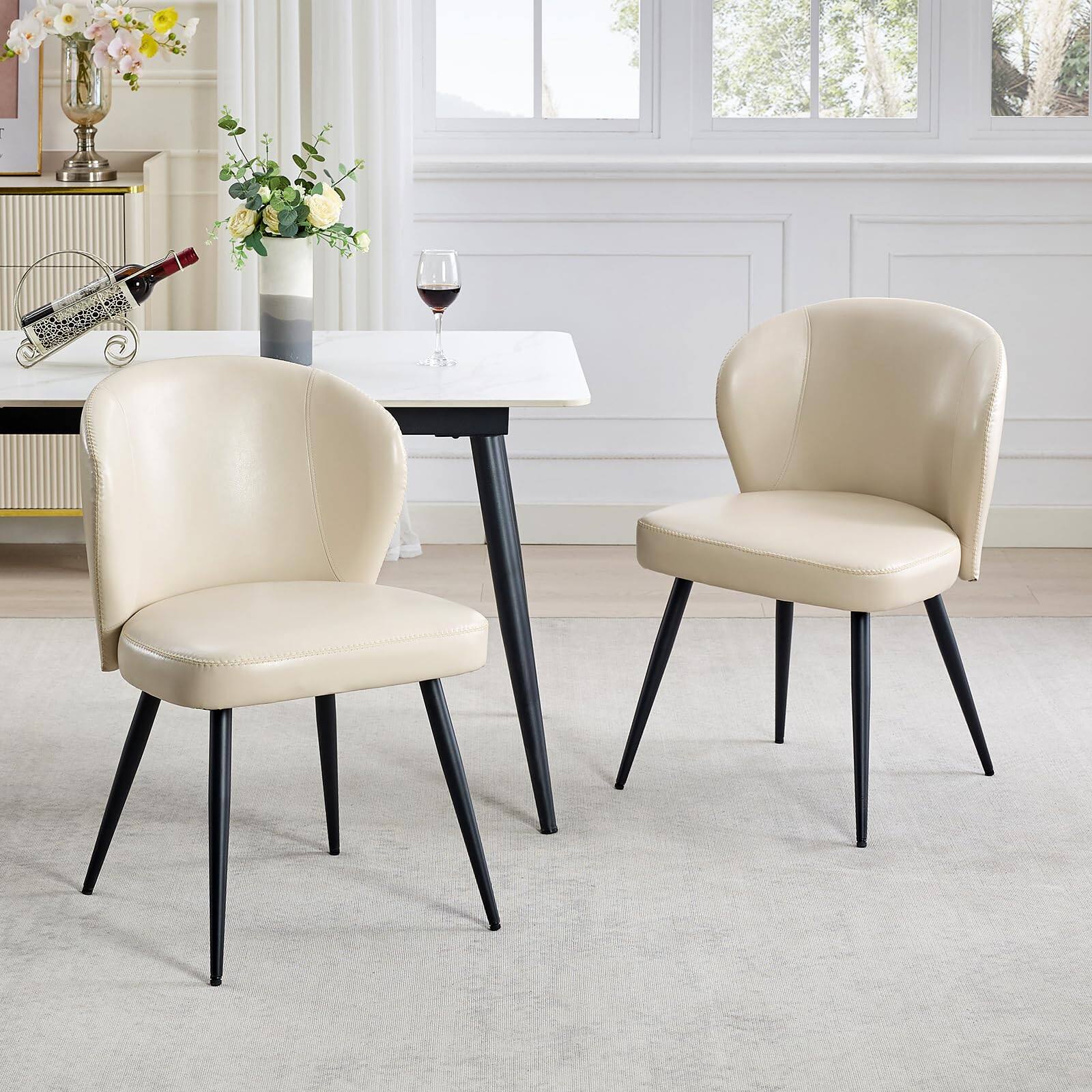 Front. Acekool - Dining Chairs Set of 2, PU Leather Upholstered Accent Chairs with Curved Backrest & Steel Legs - Beige.