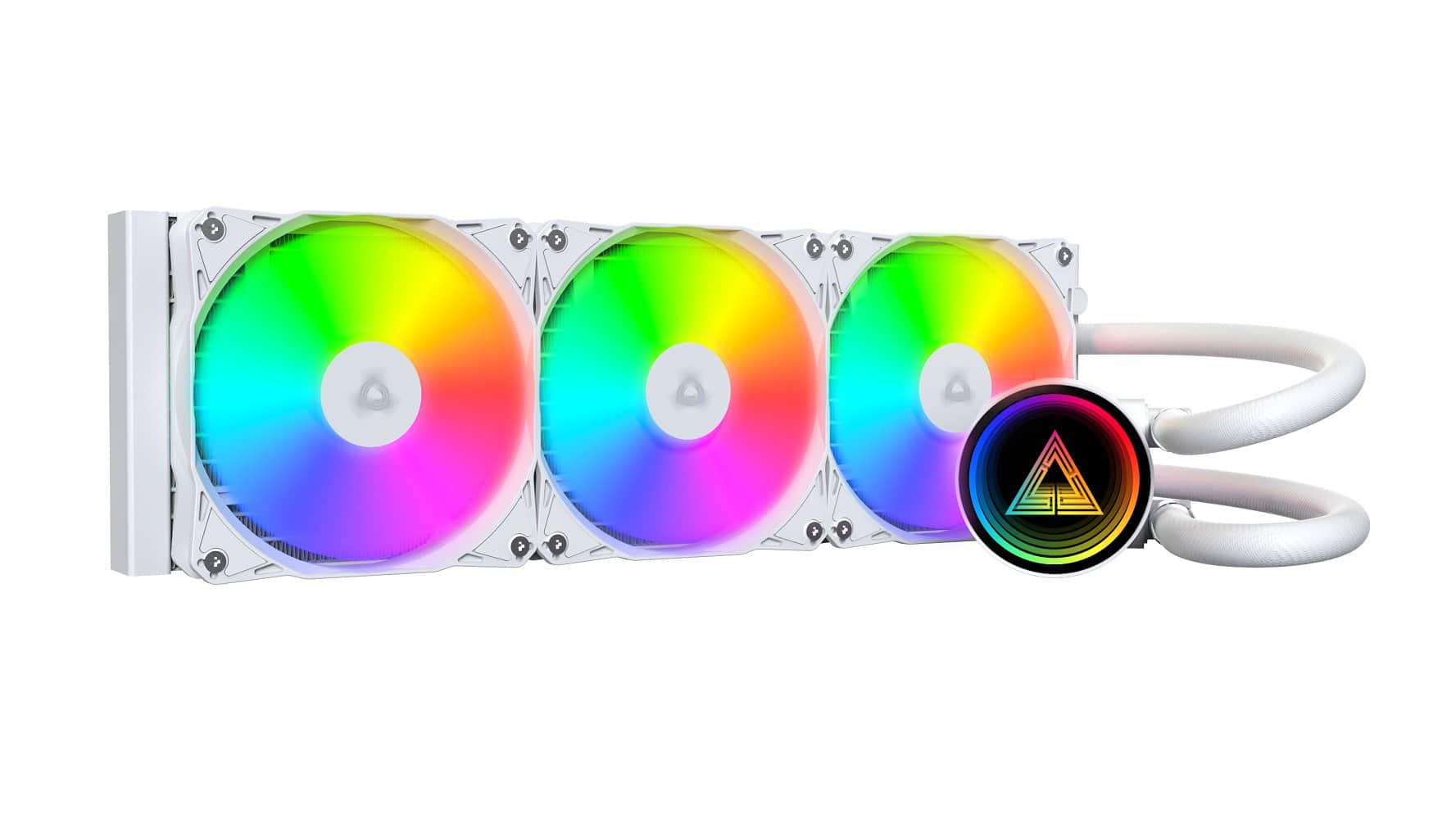 Front. Montech - LightFlow ARGB 360 CPU Liquid Cooler, 360mm AIO with Infinity Mirror Design, 3100RPM Pump, 3x120mm ARGB Fans - White.