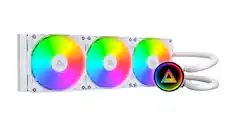 Front. Montech - LightFlow ARGB 360 CPU Liquid Cooler, 360mm AIO with Infinity Mirror Design, 3100RPM Pump, 3x120mm ARGB Fans - White.