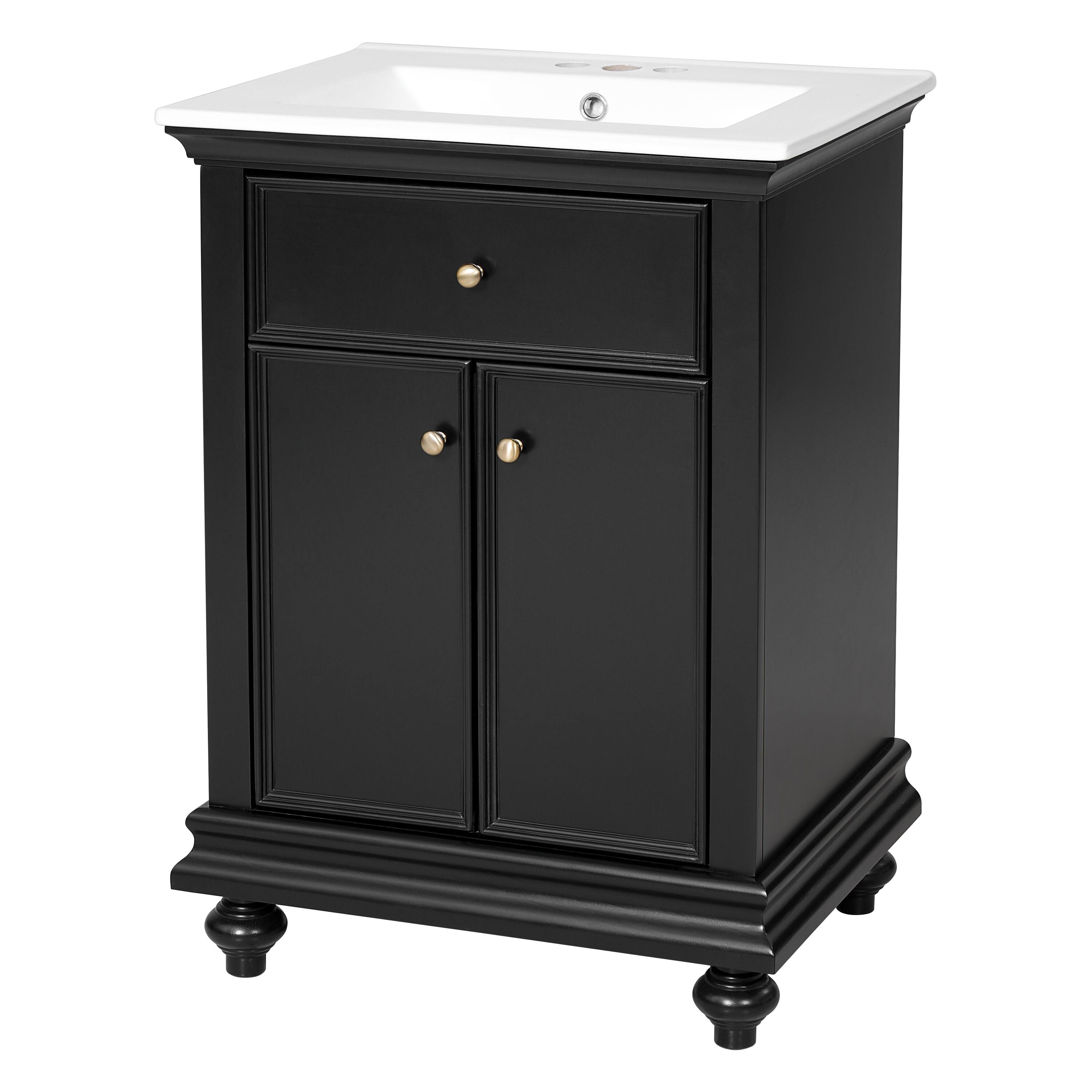 Left. Whisen - 24" Modern Bathroom Vanity Cabinet with Sink Tip-Out Soft-Close Hinges Back Open Ball-Turned Legs - Black.
