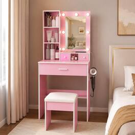 RYHNUYNE - Vanity Table with Lighted Mirror, Adjustable LED Lights, Power Outlet, Hairdryer Holder, Stool, Compact Dressing - Pink