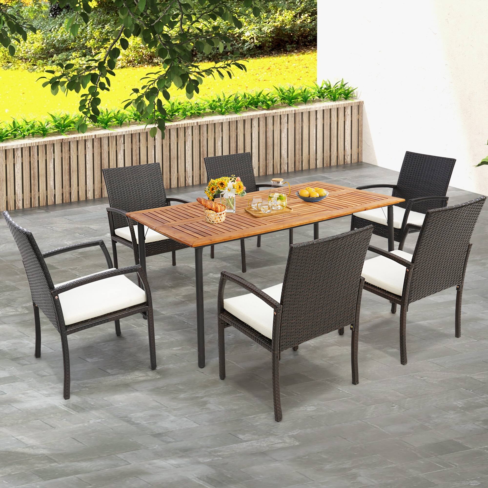 Alt View 1. Costway - Costway Patio Rectangular Acacia Wood Dining Table with 1.9"Umbrella Hole Indoor&Outdoor - Natural,Black.