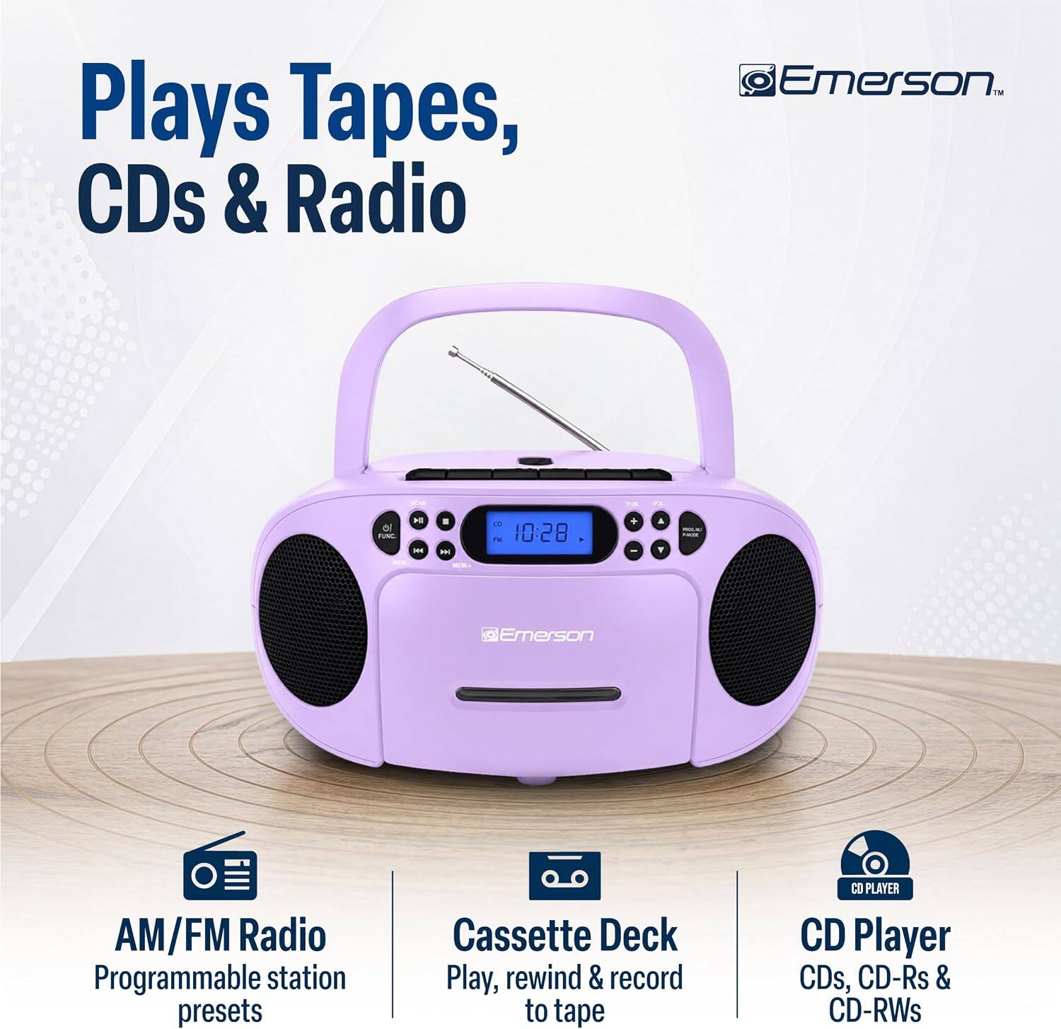Plays Tapes, CDs & Radio  
Emerson  
AM/FM Radio Programmable station presets  
Cassette Deck Play, rewind & record to tape  
CD Player CDs, CD-Rs & CD-RWs