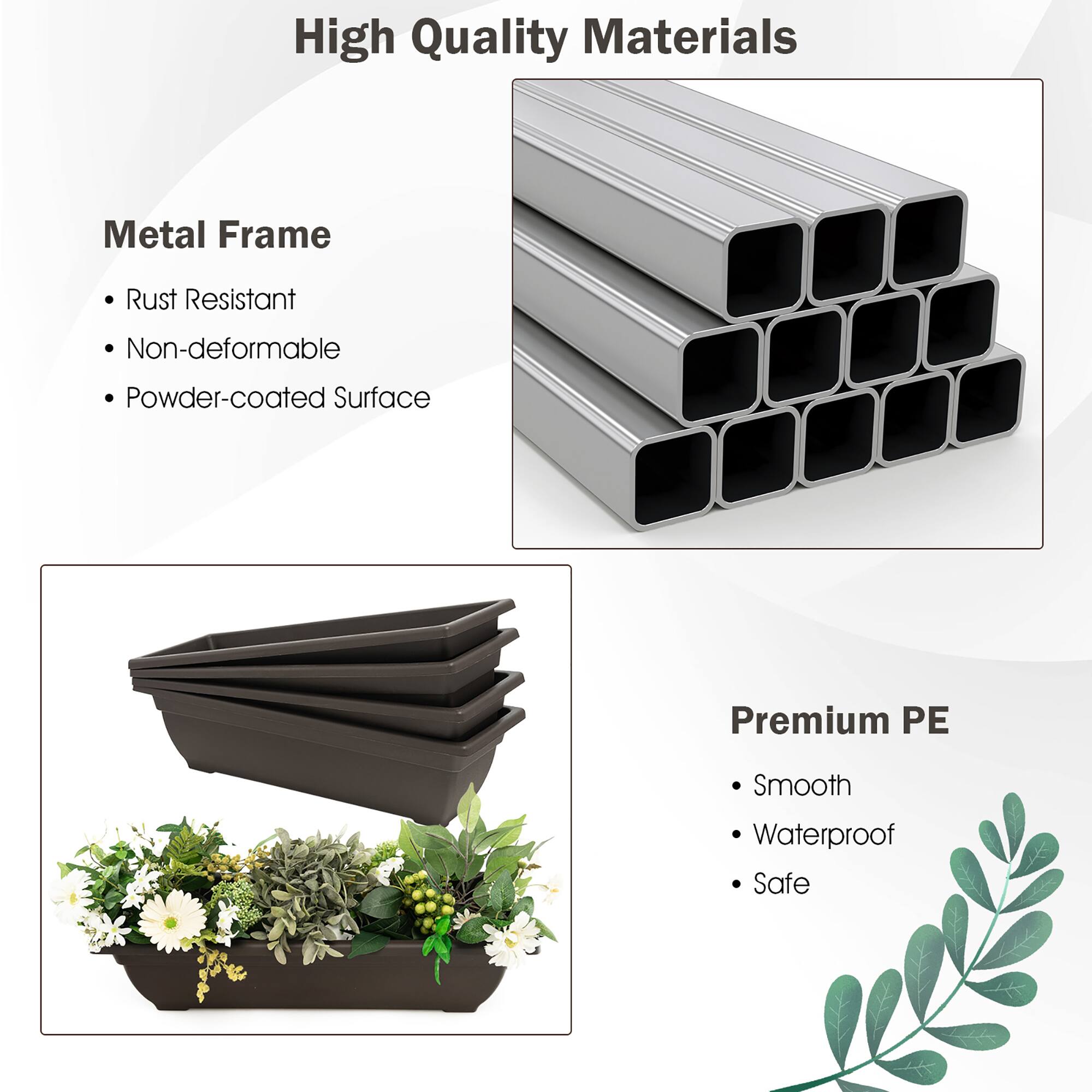 High Quality Materials: Metal Frame, Rust Resistant, Non-deformable, Powder-coated Surface, Premium PE, Smooth, Waterproof, Safe.