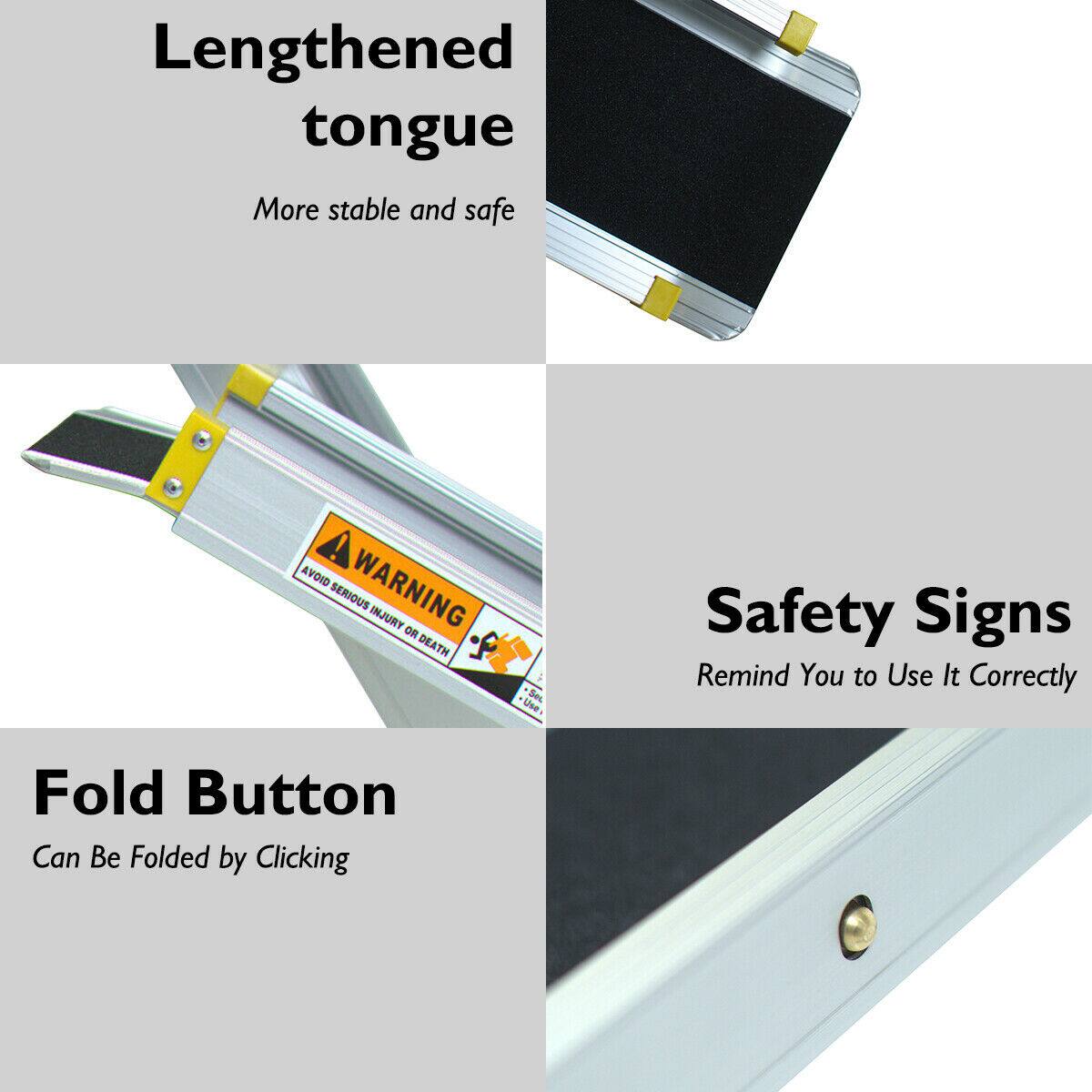 Lengthened tongue  
More stable and safe  

Safety Signs  
Remind You to Use It Correctly  

Fold Button  
Can Be Folded by Clicking  

AVOID SERIOUS INJURY OR DEATH  
Use Safety Signs