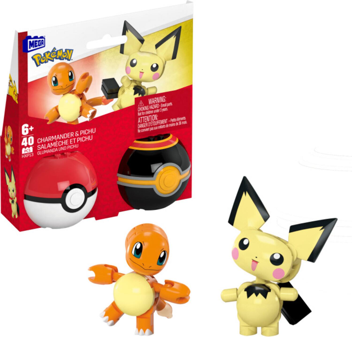 MEGA BLOKS - Pokemon: Pokeball 2-Pack Charmander & Pichu, 40 Piece Building Toy Set - COLLECTABLES