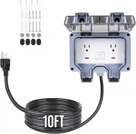 Front. RTMB - 15A 110V Outdoor Power Outlet Black – IP66 Waterproof, 10FT Extension, UL Listed - White.