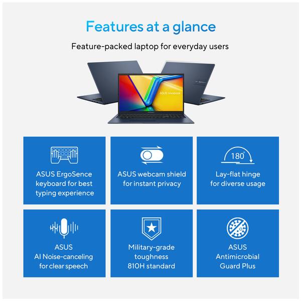 Features at a glance

Feature-packed laptop for everyday users

- ASUS ErgoSense keyboard for best typing experience
- ASUS webcam shield for instant privacy
- Lay-flat hinge for diverse usage
- ASUS AI Noise-canceling for clear speech
- Military-grade toughness 810H standard
- ASUS Antimicrobial Guard Plus