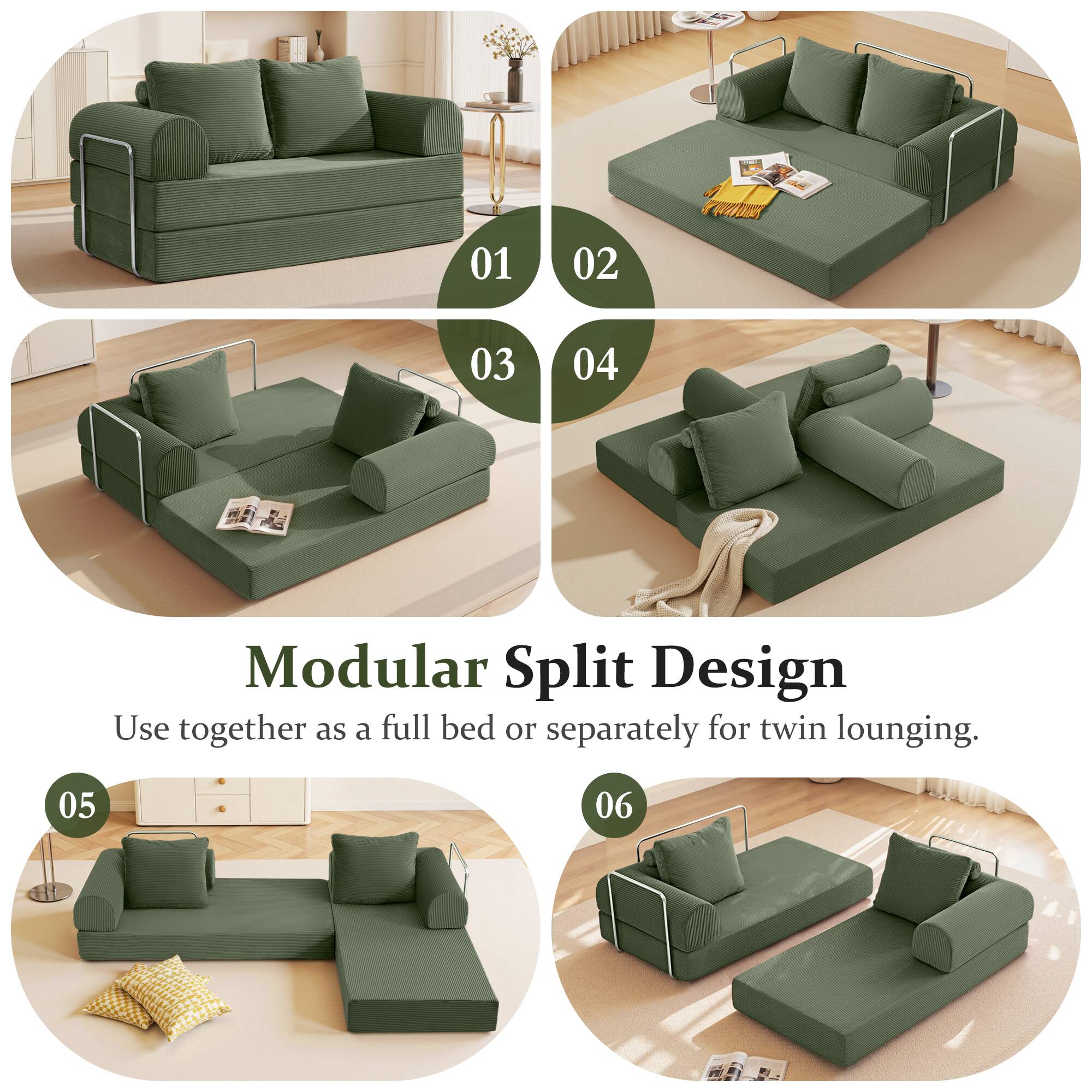 Modular Split Design  
Use together as a full bed or separately for twin lounging.