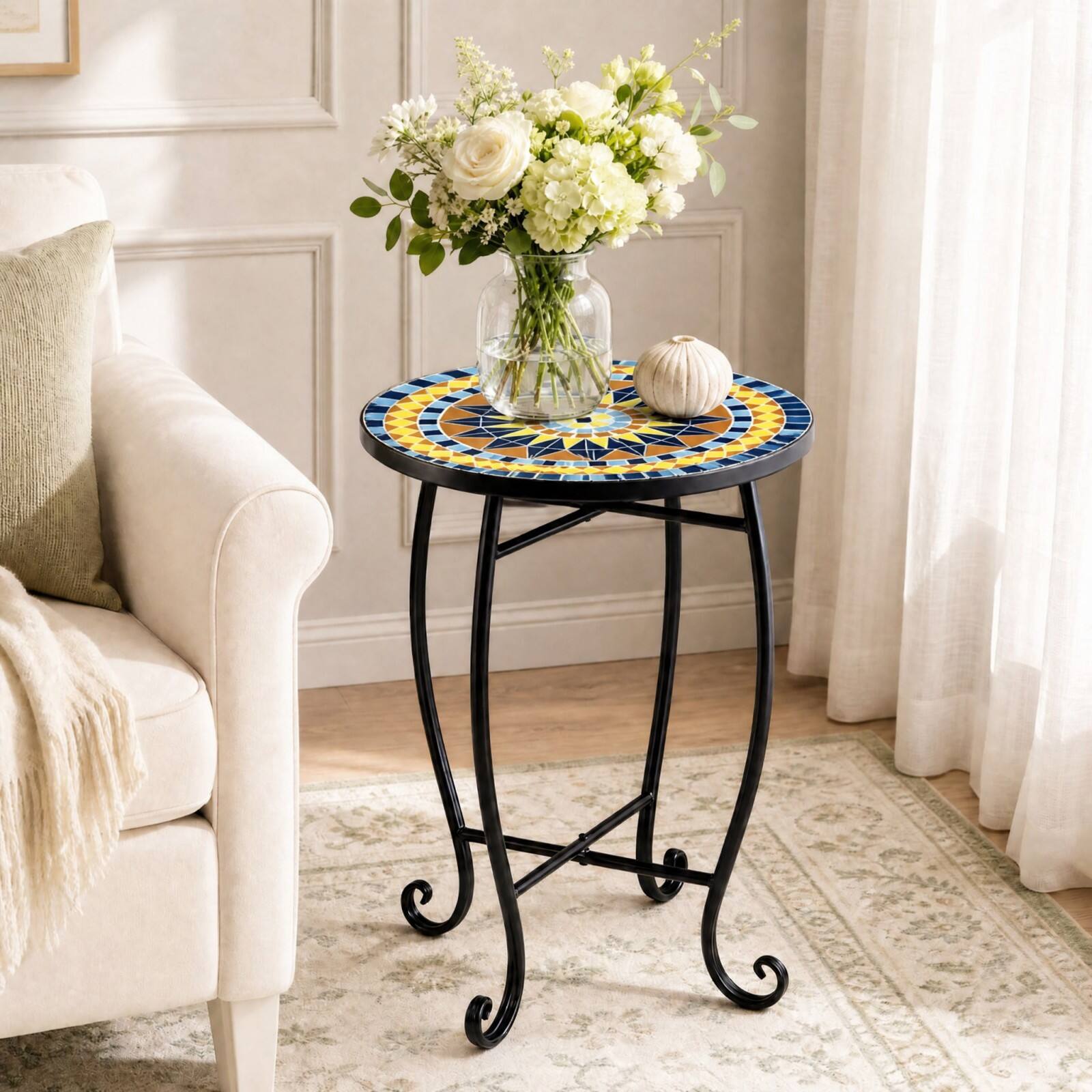 Alt View 3. Costway - Costway 14 Inch Mosaic Patio Side Table Metal Accent End Table Plant Stand for Porch Garden - Yellow & Black.