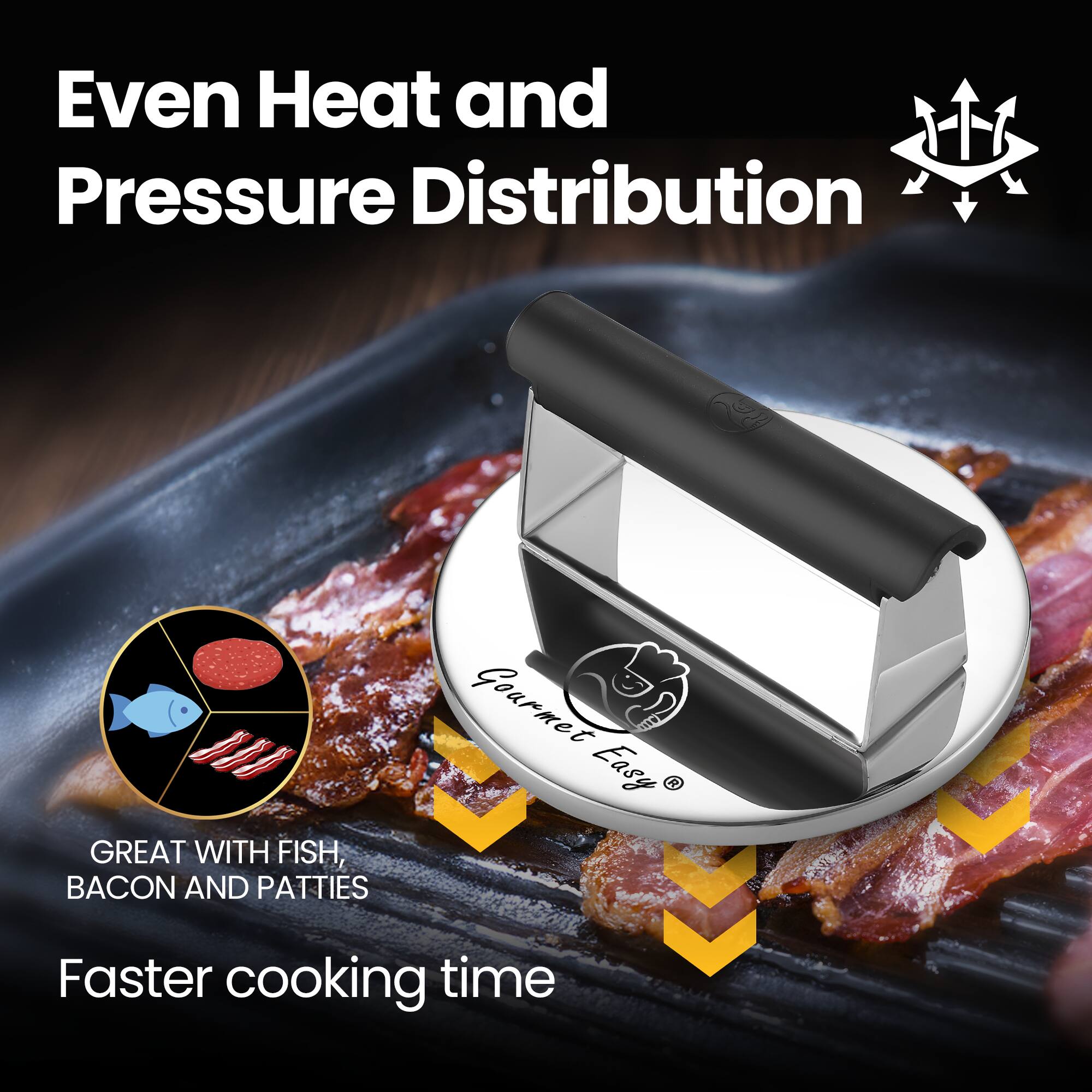 Left. Gourmet Easy - 2lb Smash Burger Press Stainless Steel, Burger Smasher for Griddle Heat Resistant Handle, Hamburger Press - Stainless Steel.