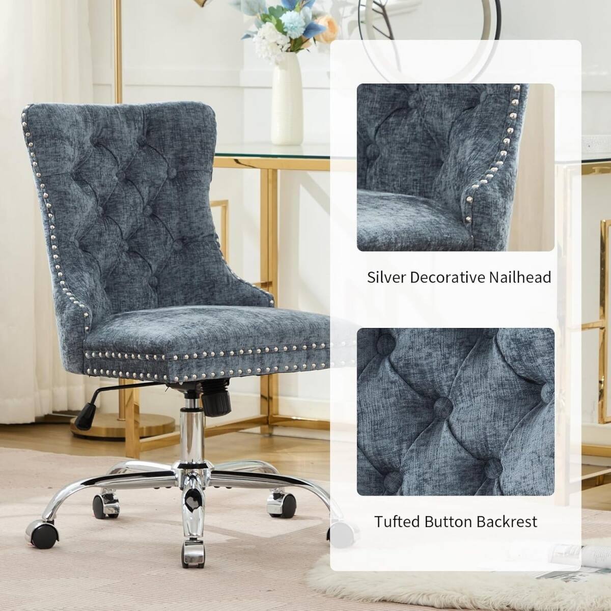 Silver Decorative Nailhead  
Tufted Button Backrest