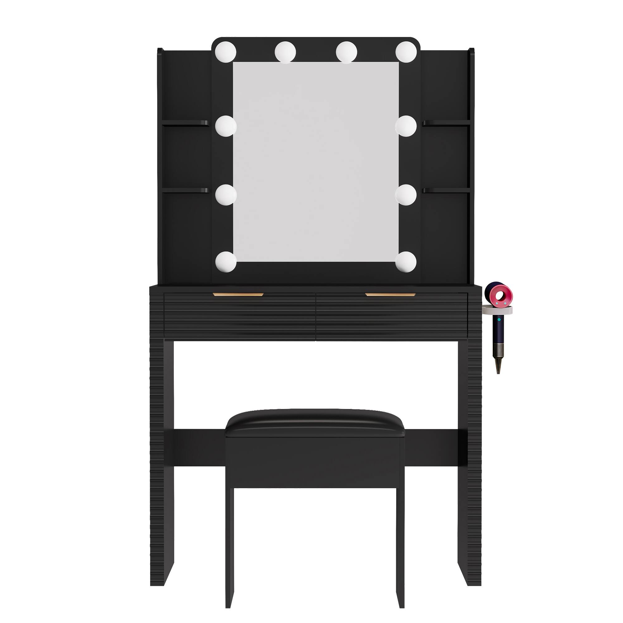 Back. Whisen - Dresser Makeup Vanity Table with 10 Hollywood Bulbs,Charging Station,Storage Stool,2 Drawers and 4 Open Shelves - Black.