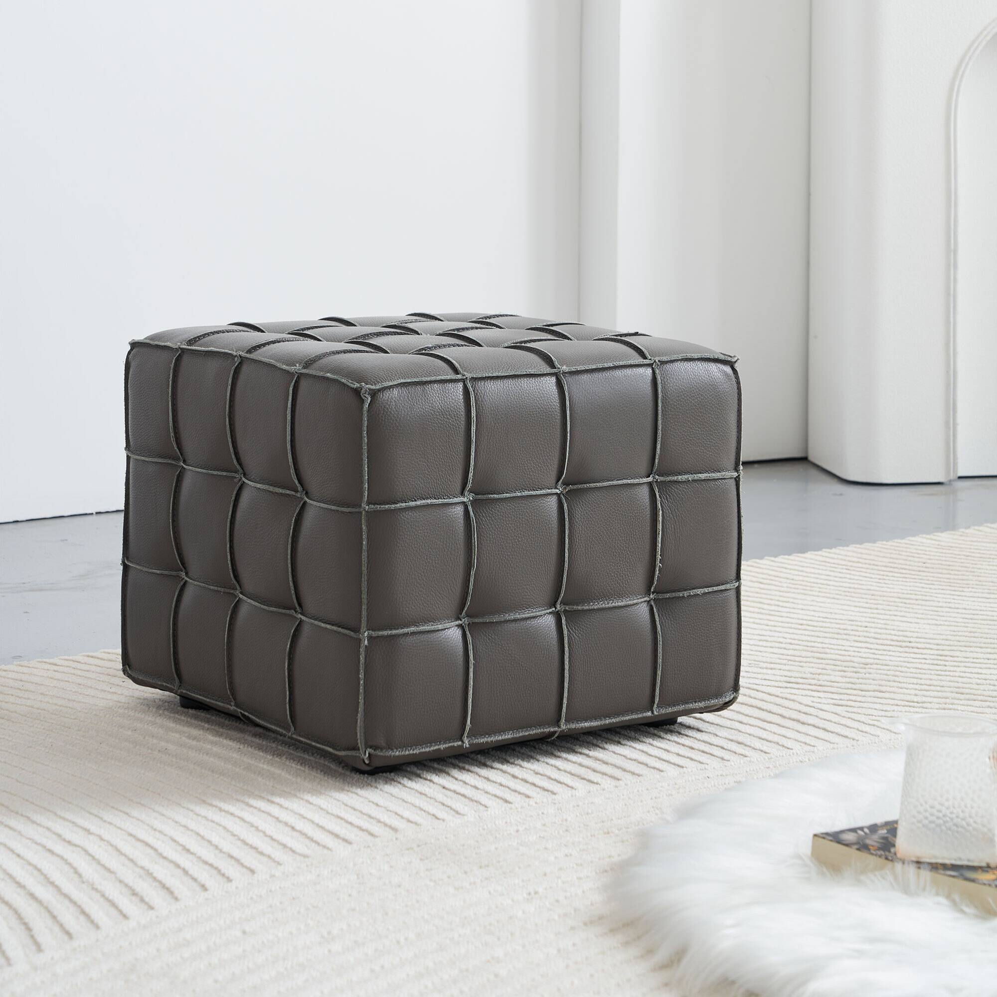 GOODSILO - Genuine Leather Tufted Ottoman with Solid Wood Frame for Living Room and Bedroom Footrest and Seating - Gray