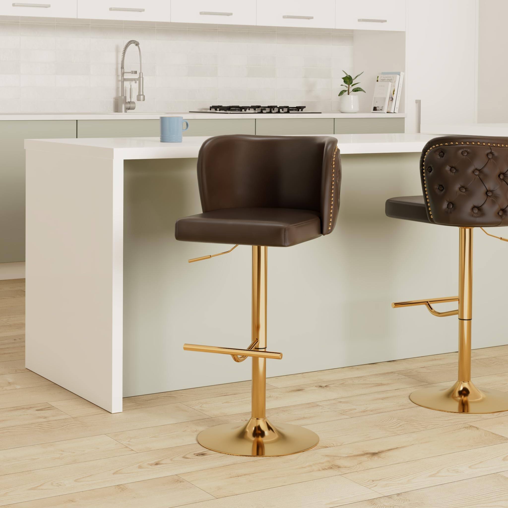 Alt View 1. Glintex - Swivel Barstools Adjusatble Seat Height,  PU Upholstered Bar Stools，whole Back Tufted, Set of 2 - Brown.