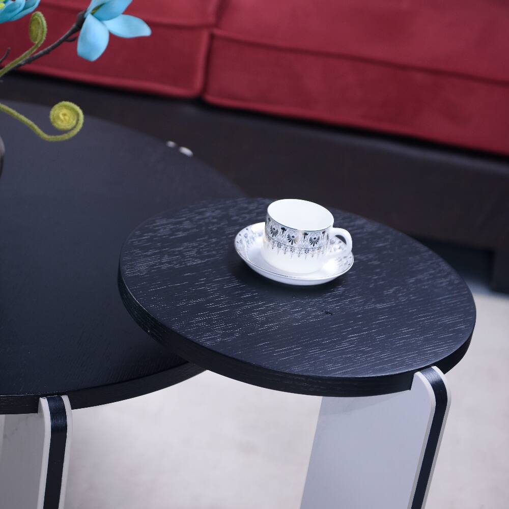 Alt View 4. Loheer - Loheer Round Coffee Table Set Black Oak Veneer Sintered Stone Legs MDF Side Table Living Room Sofa Table White and Black - White+Black.