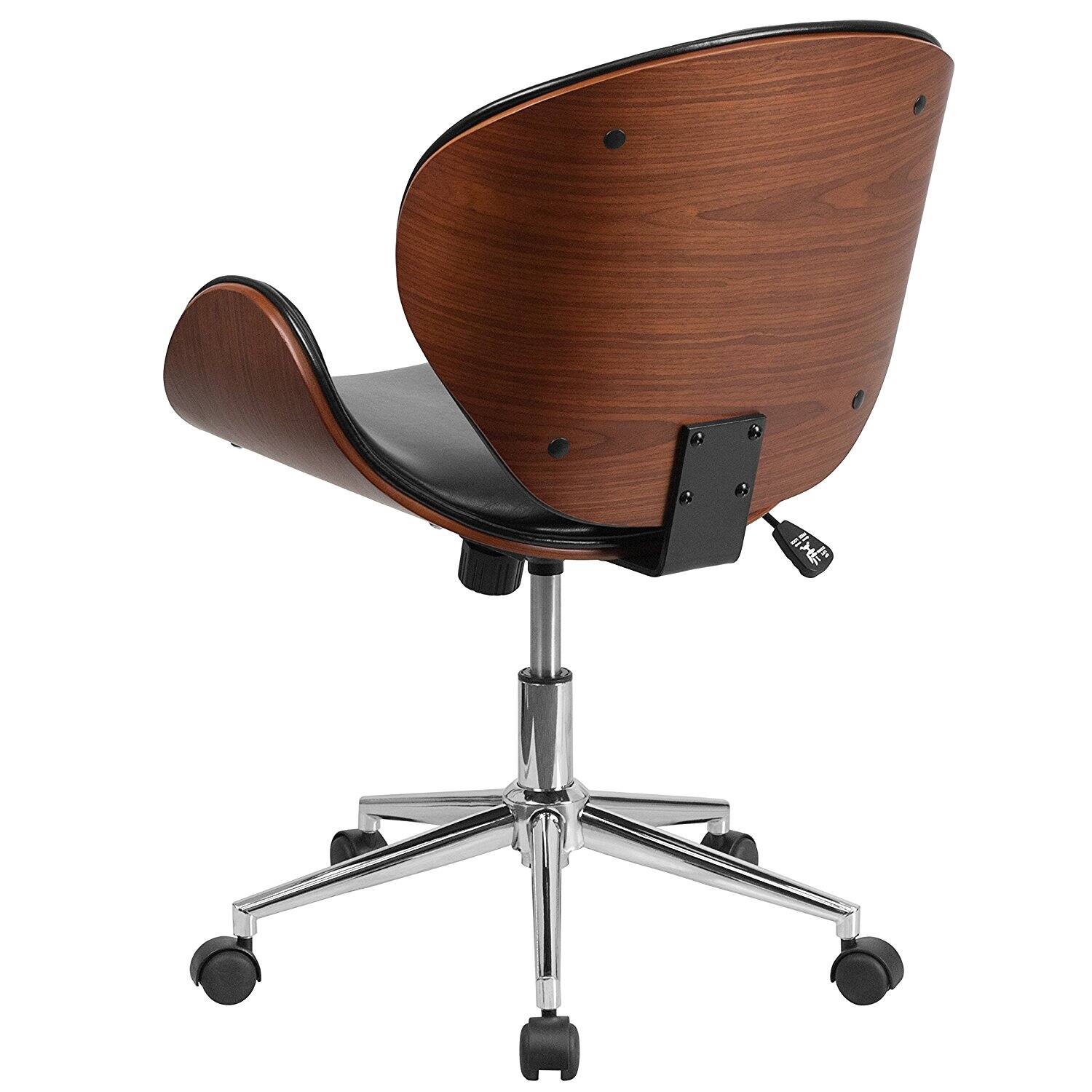 Left. Hivvago - Mid-Back Walnut / Black Faux Leather Office Chair with Curved Bentwood Seat - Black And Red.