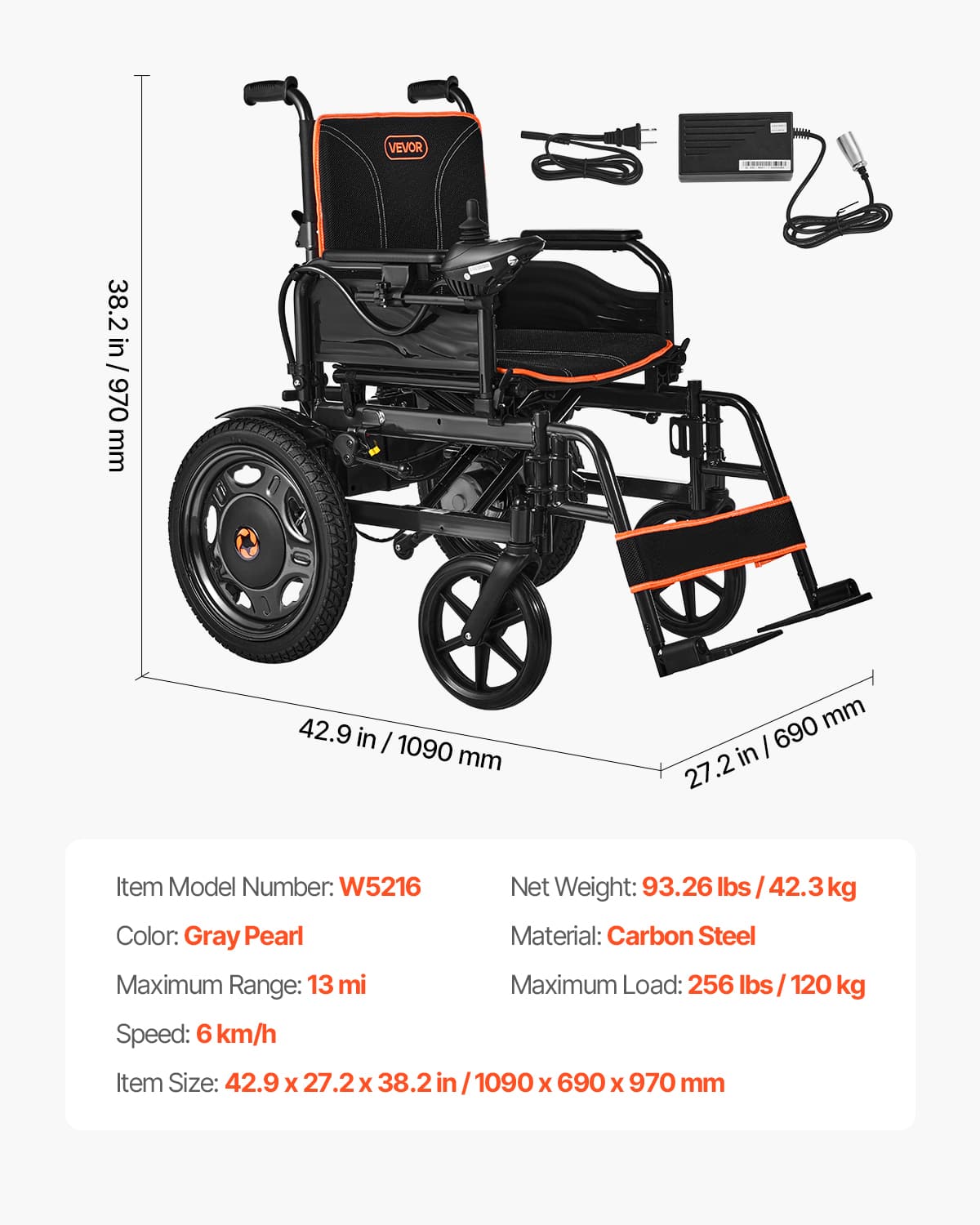 VEVOR Electric Wheelchair for Adults, 265lbs Capacity
