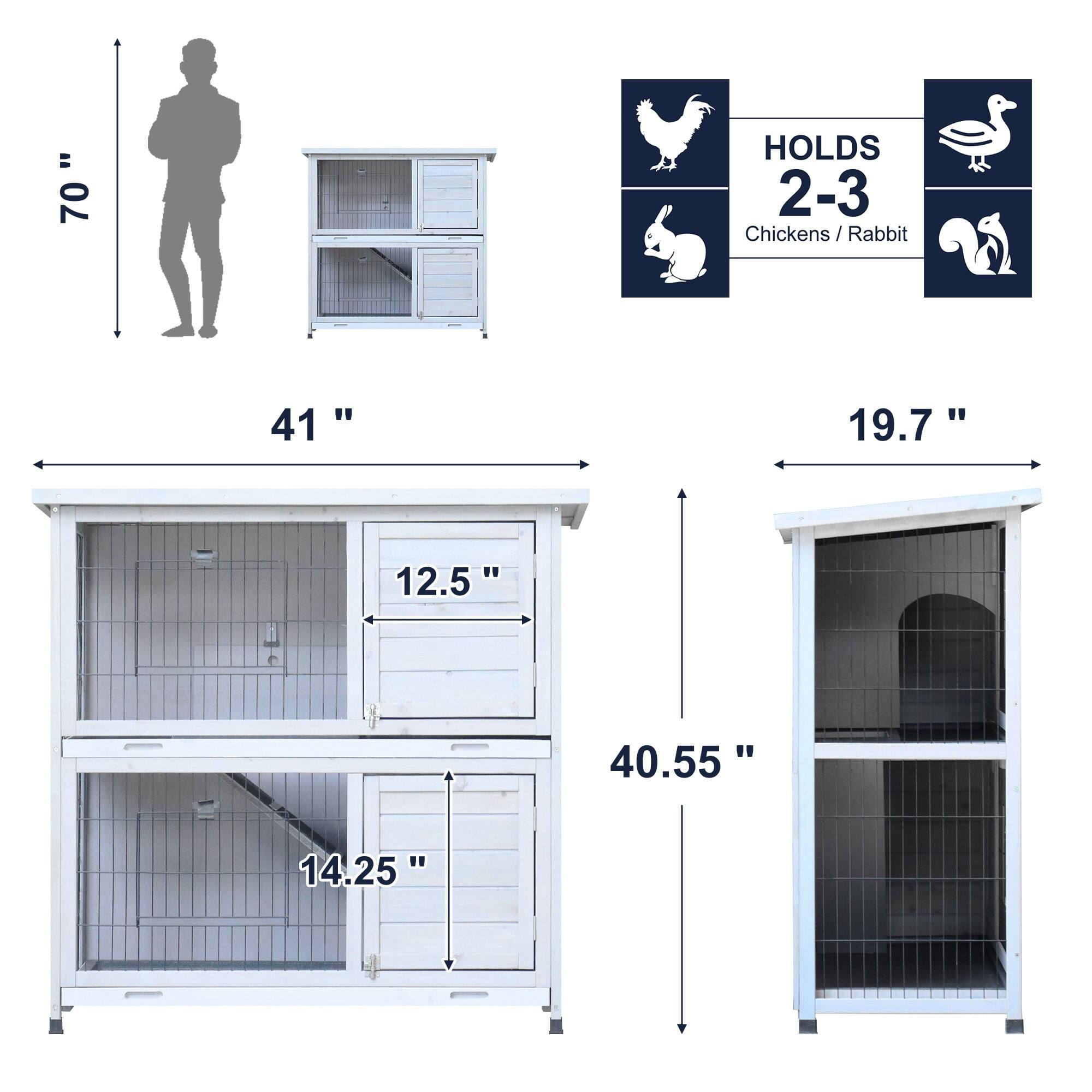 - Height: 70"
- Width: 41"
- Depth: 19.7"
- Door Width: 12.5"
- Door Height: 14.25"
- Total Depth: 40.55"
- Holds 2-3 Chickens/Rabbit