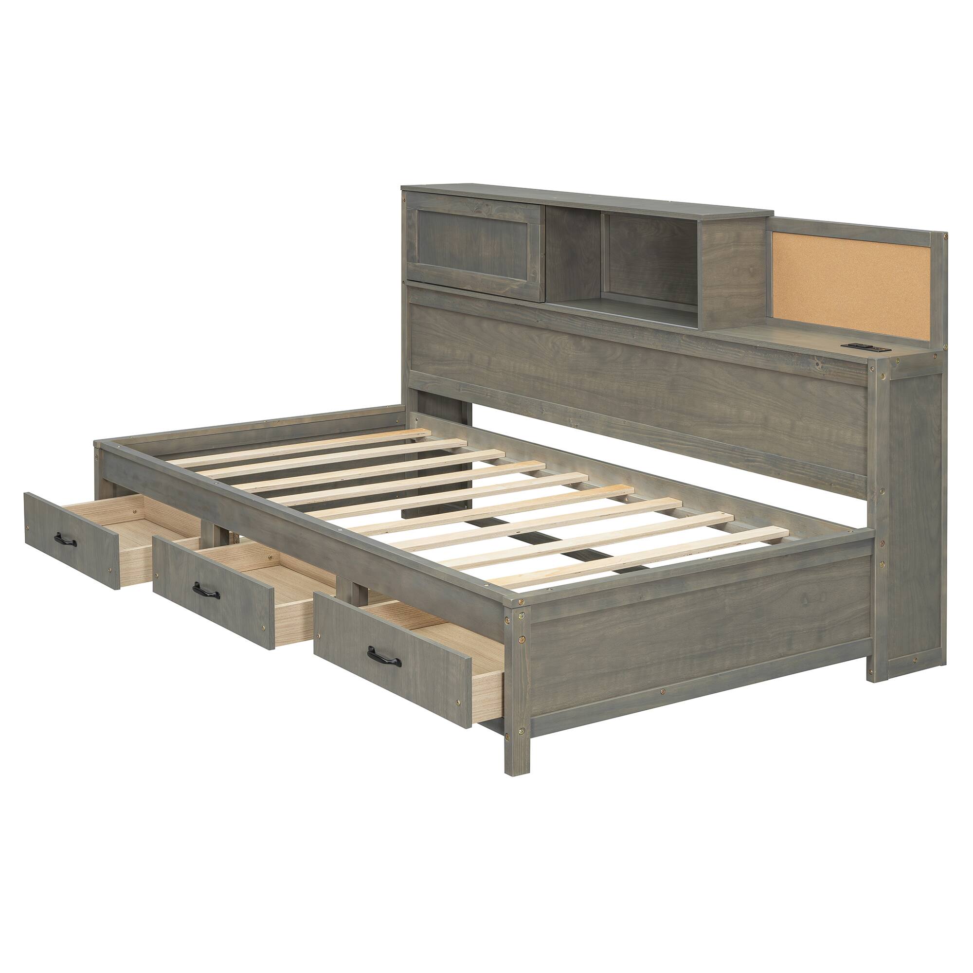 Alt View 6. Tiramisubest - Twin Size Wooden Daybed with 3 Storage Drawers, Upper Soft Board, shelf, and a set of Sockets and USB Ports, Gray - Gray.