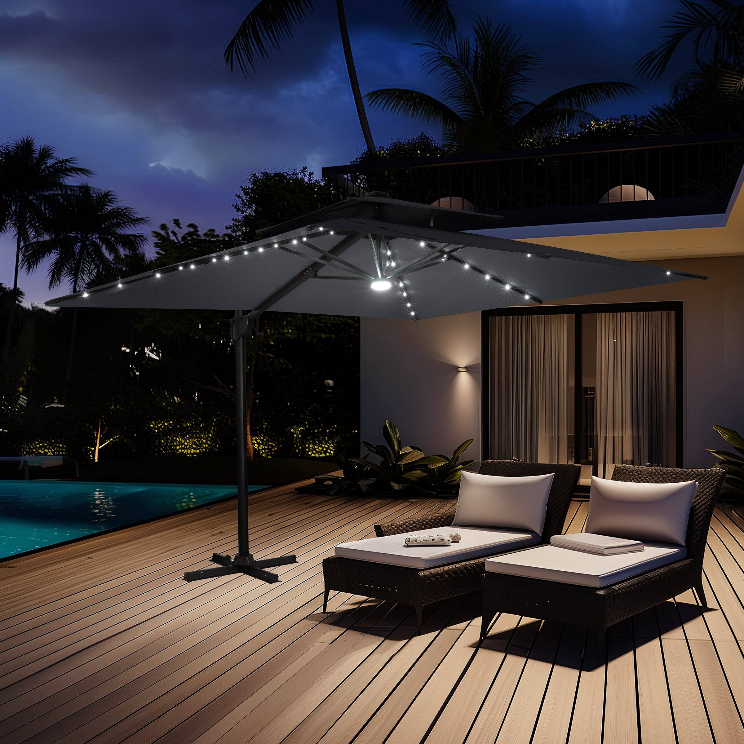 Alt View 6. Crestlive Products - Crestlive Products 9x11ft Aluminum Double Top Crank Cantilever Patio Umbrella with Lights with Base - Dark gray.