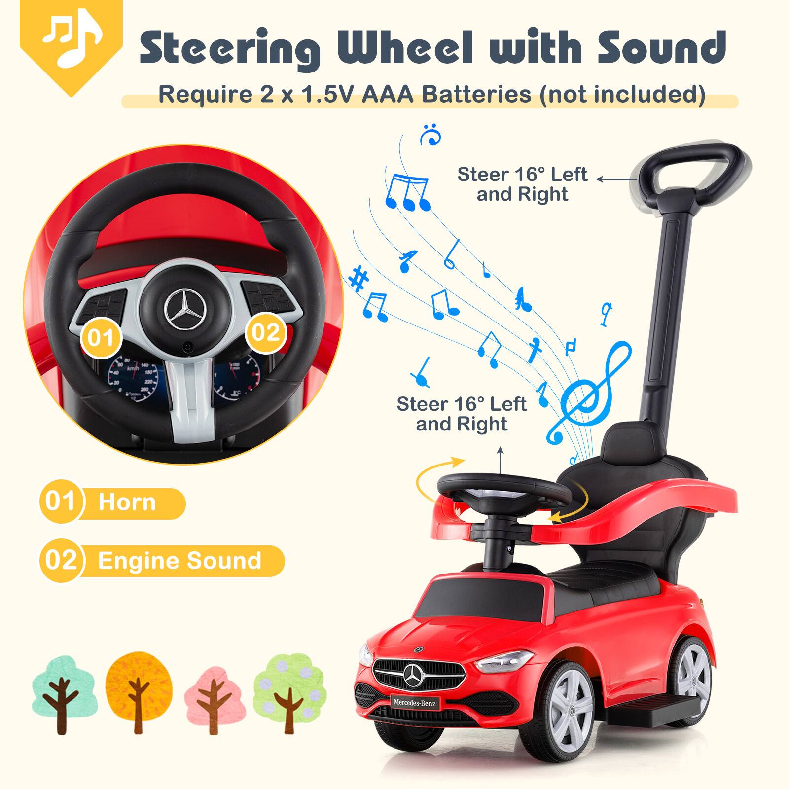 Steering Wheel with Sound  
Require 2 x 1.5V AAA Batteries (not included)  

Steer 16° Left and Right  

01 Horn  
02 Engine Sound  

Steer 16° Left and Right