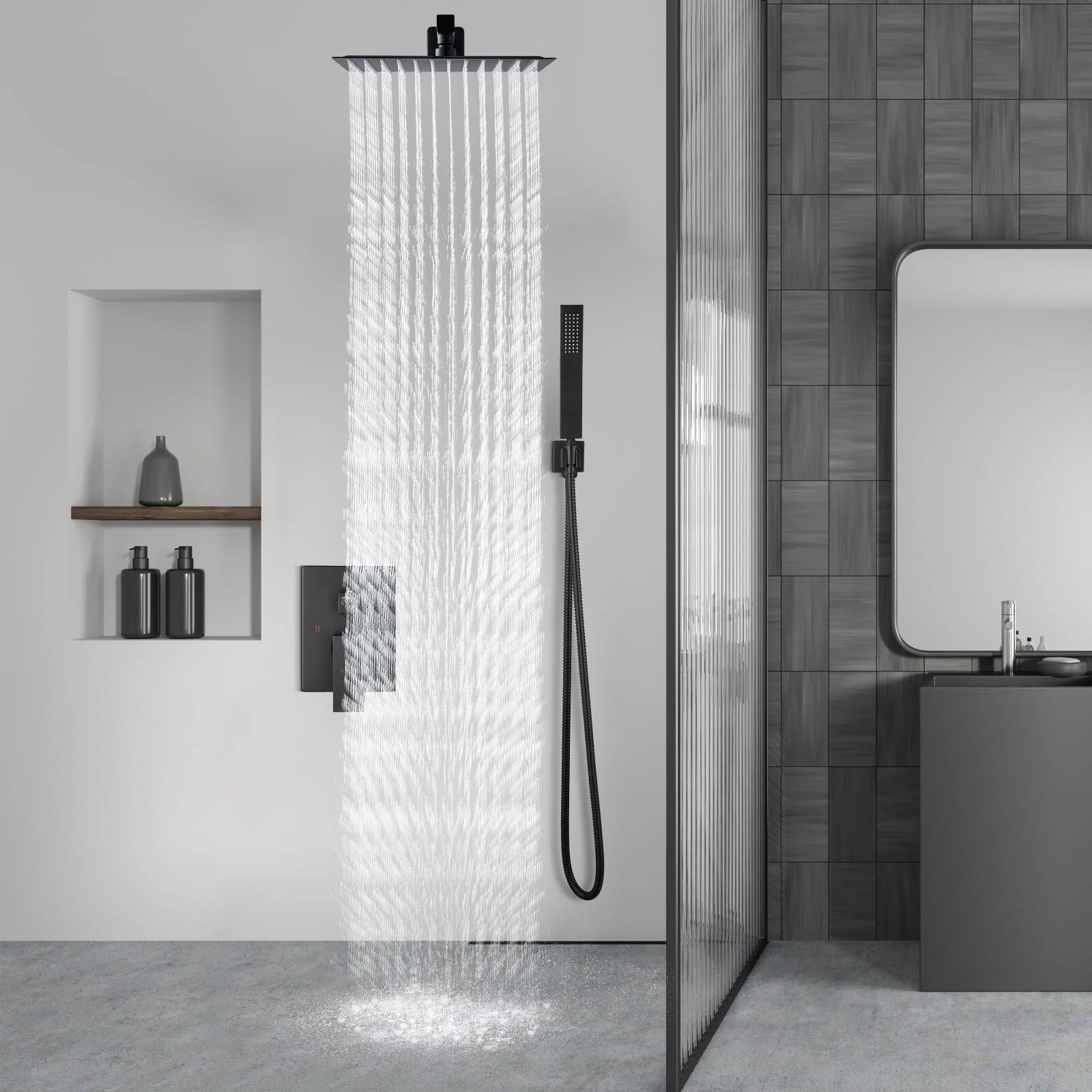 Alt View 8. Paradigms Interiors - Shower Faucet Set Rain System With Handheld Spray Bathroom Combo Rough in Valve And Trim Kit Included Wall ... - Matte Black-8 Inch Wall Mount Shower Head.