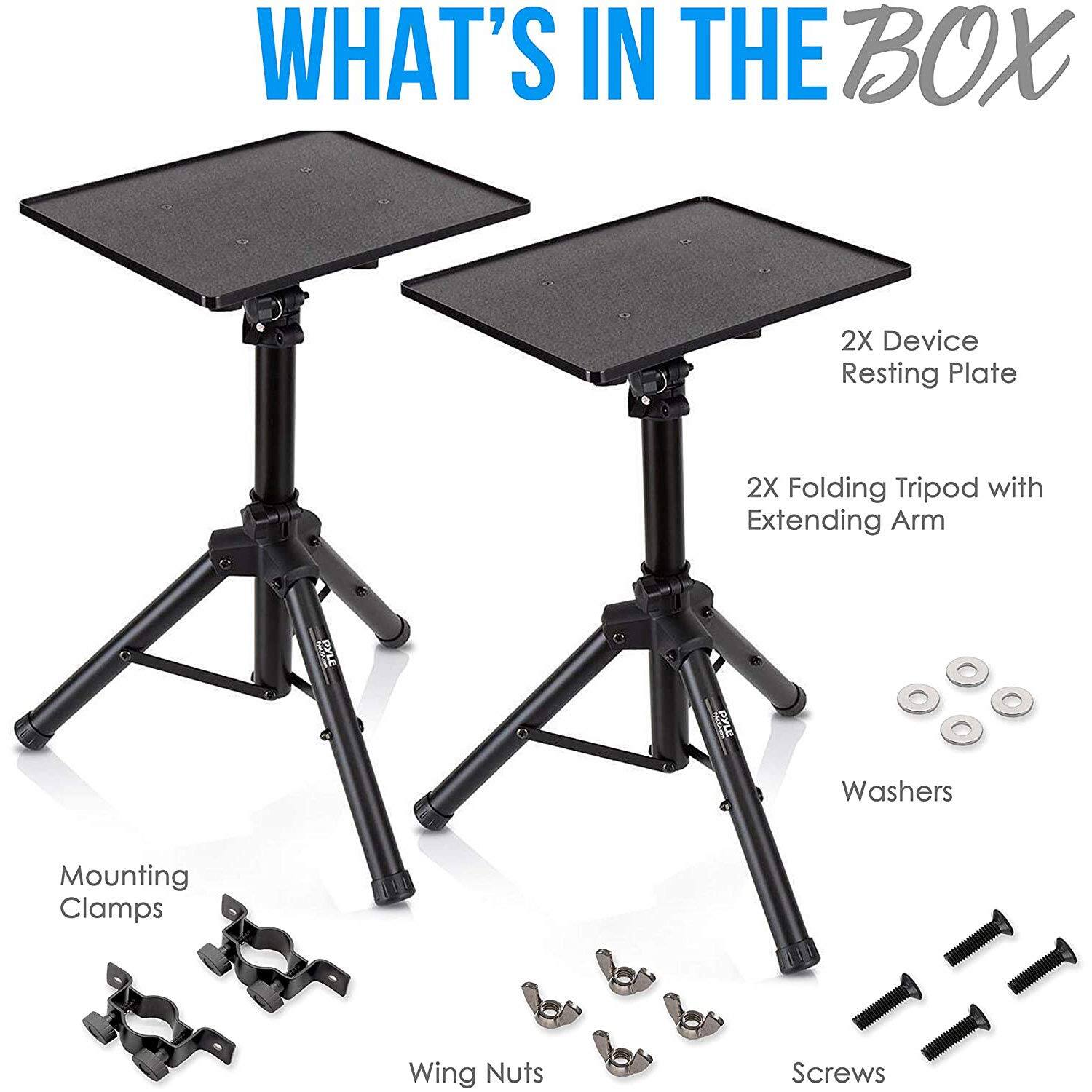 WHAT'S IN THE BOX  
2X Device Resting Plate  
2X Folding Tripod with Extending Arm  
Mounting Clamps  
Wing Nuts  
Screws  
Washers