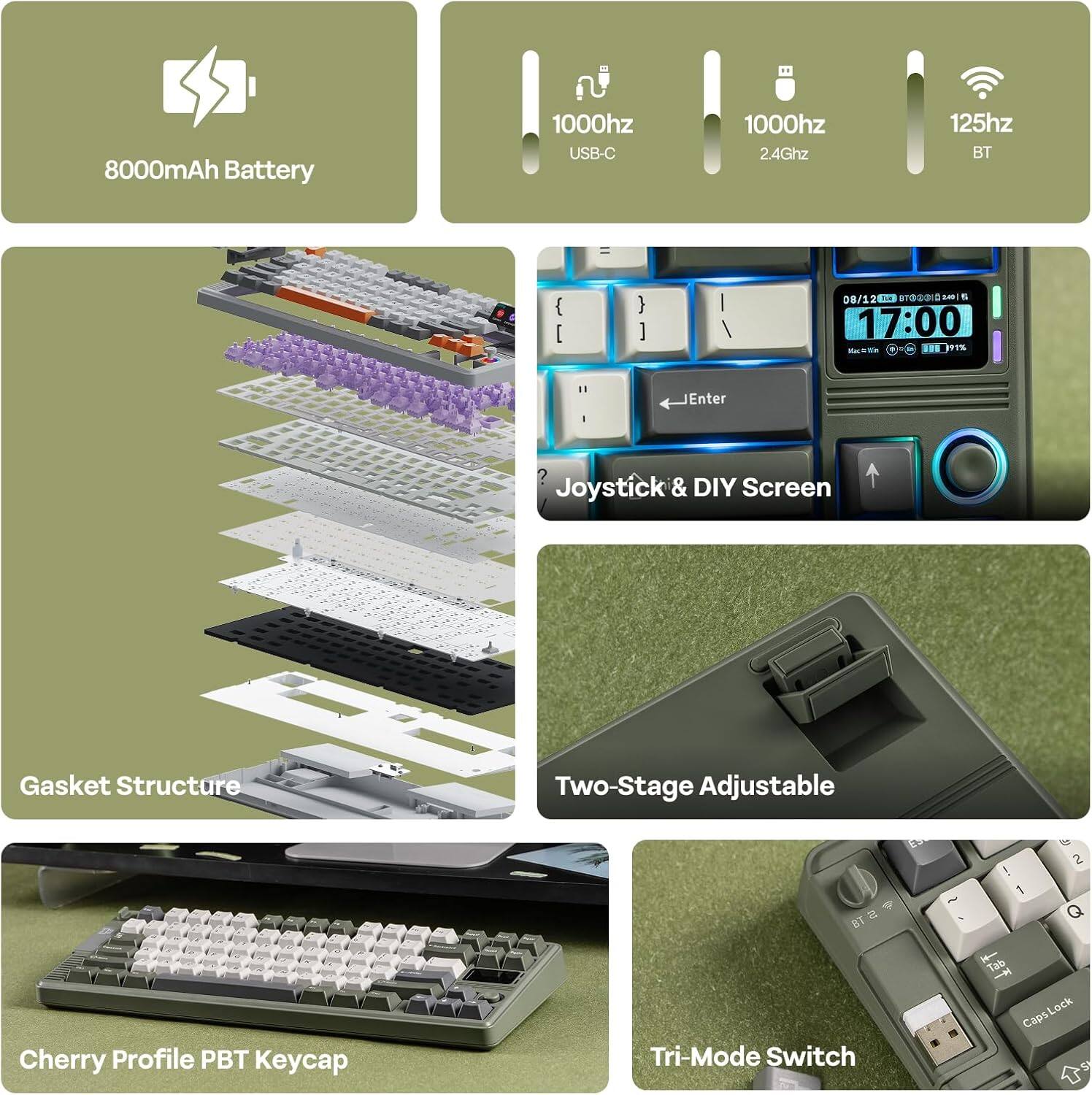 8000mAh Battery  
1000hz USB-C  
1000hz 2.4Ghz  
125hz BT  

Joystick & DIY Screen  
Gasket Structure  
Two-Stage Adjustable  
Cherry Profile PBT Keycap  
Tri-Mode Switch